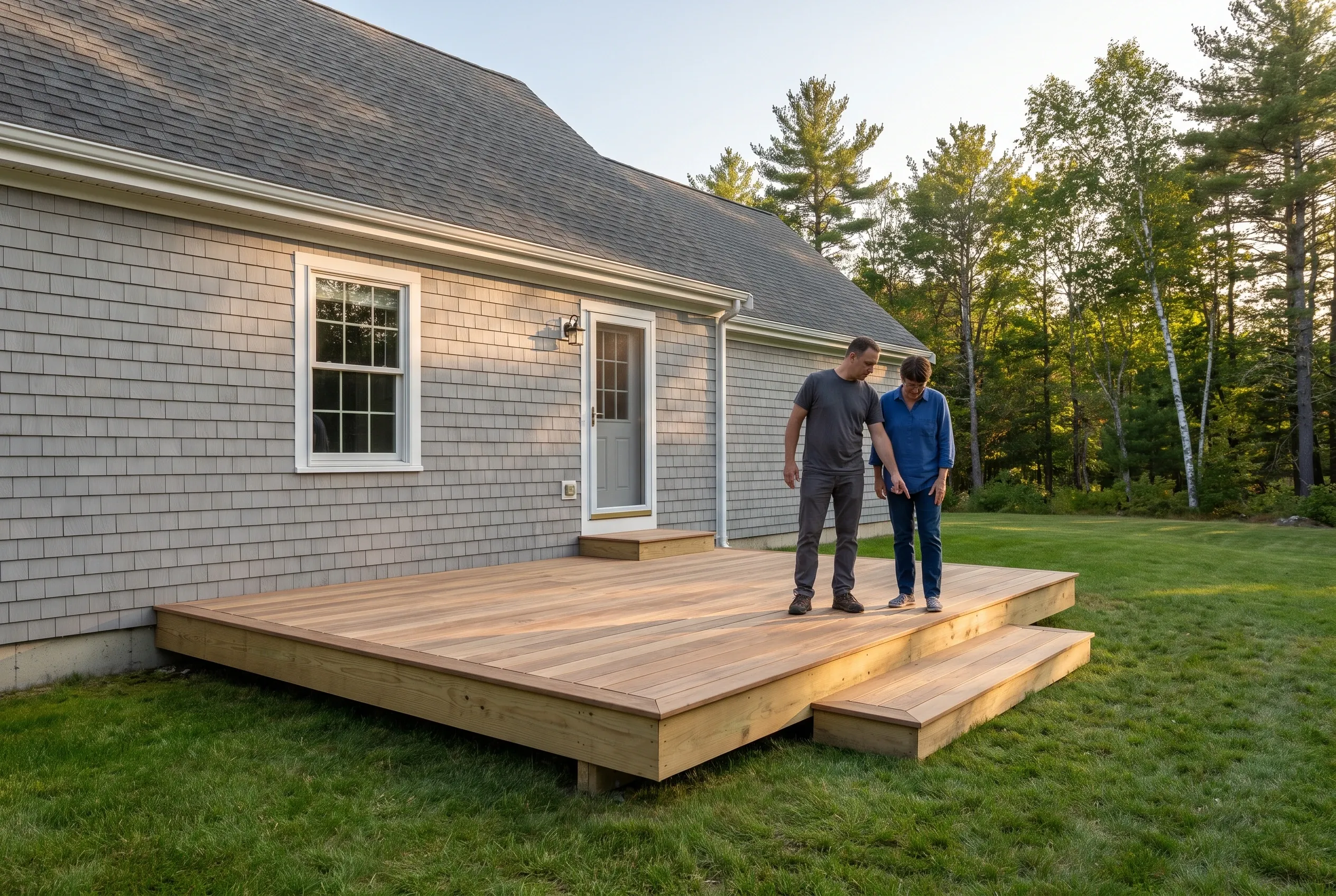 Two people standing on a finished low wood deck with wide step, looking at the boards behind a gray shingle house
