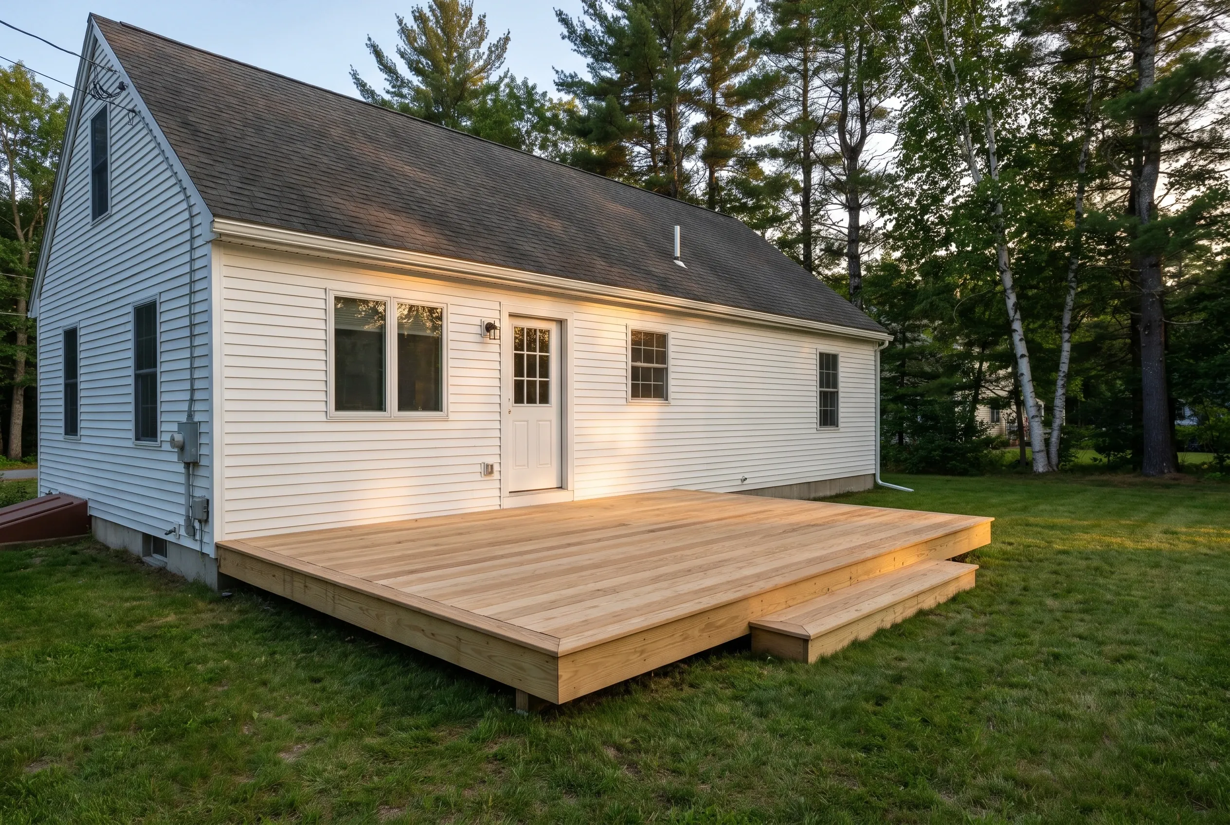 Low wood deck with wide step behind a white single-story house in warm evening light, surrounded by tall trees