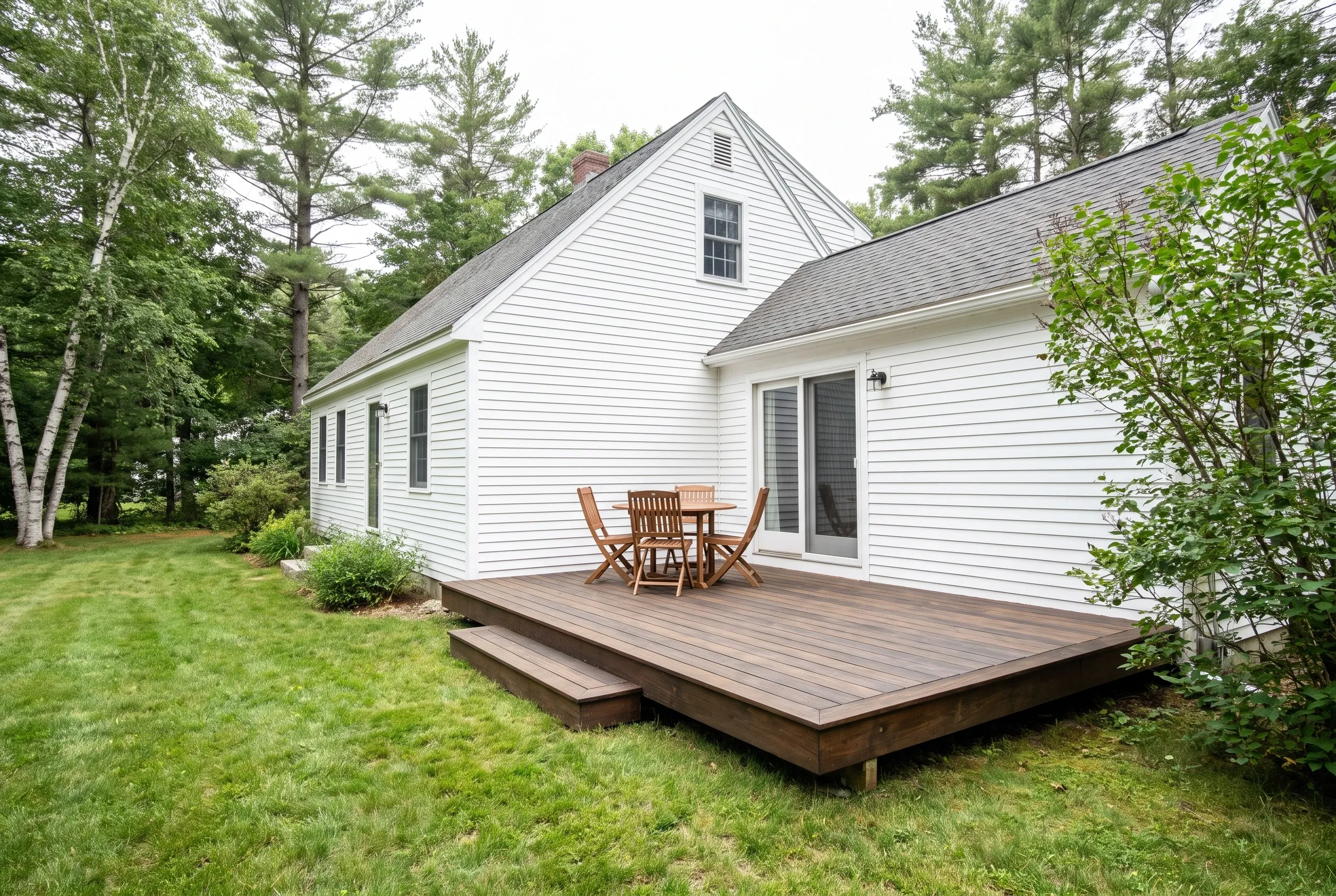 Low dark brown deck with step and small table with chairs beside a white house with sliding door and shrubs