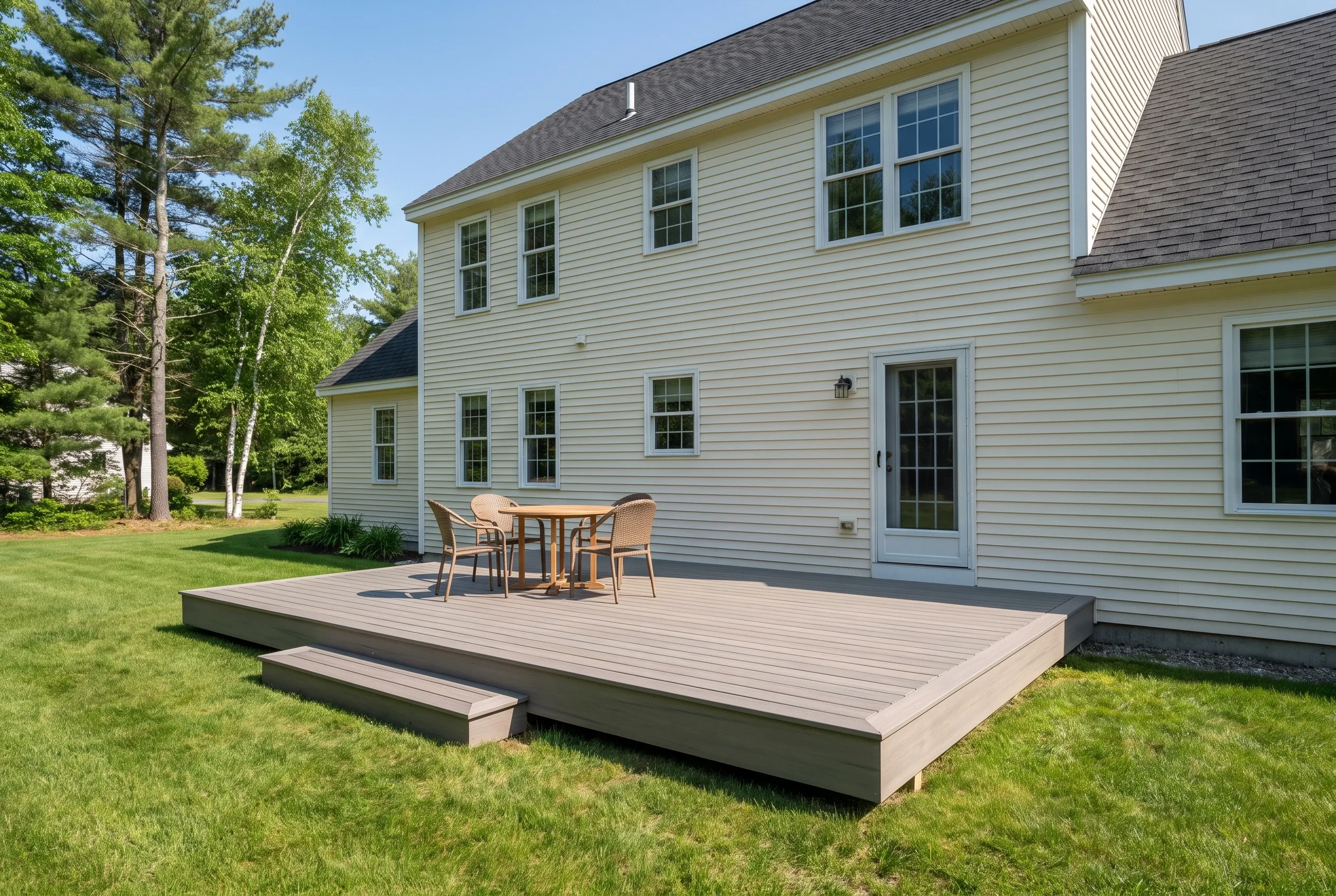 Deck builders in Wells, ME: low gray deck with wide step and dining table set behind a cream two-story house
