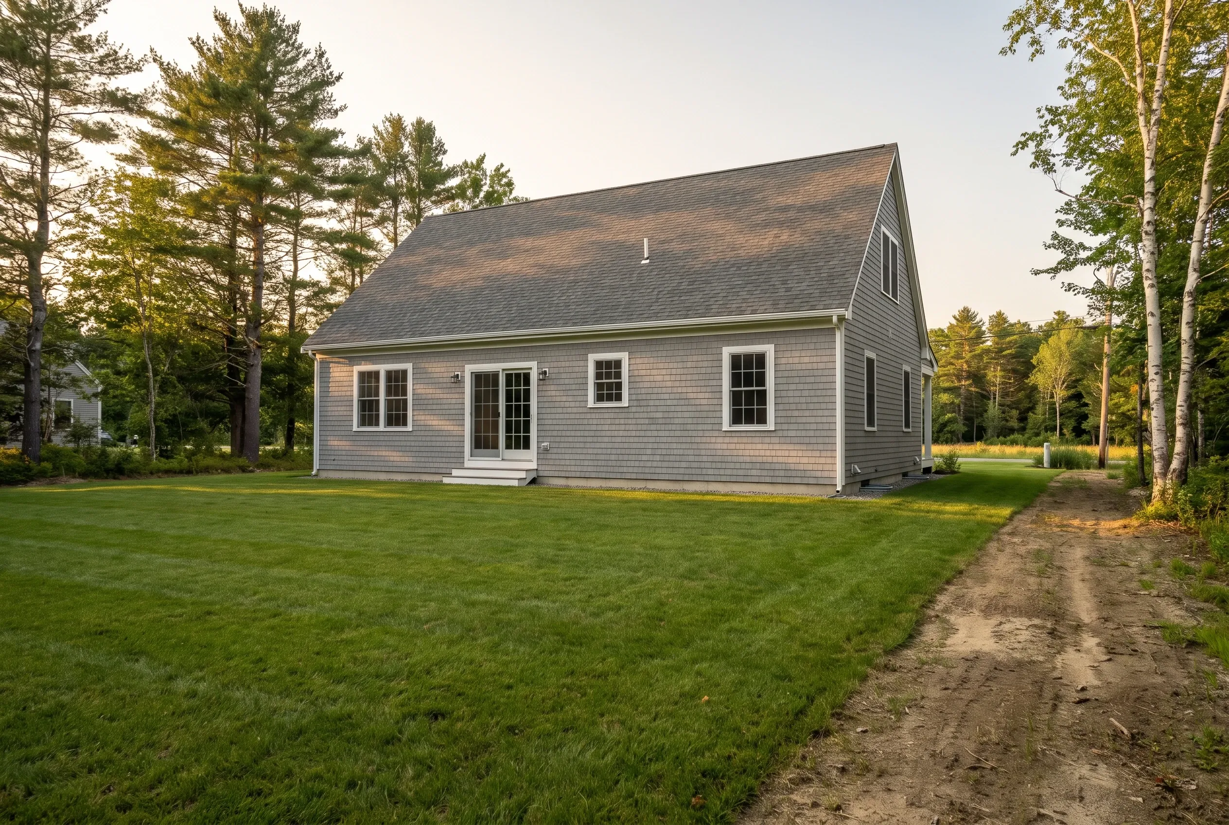 Back of a gray-sided house with an open lawn and a dirt path, with no deck present, surrounded by tall trees