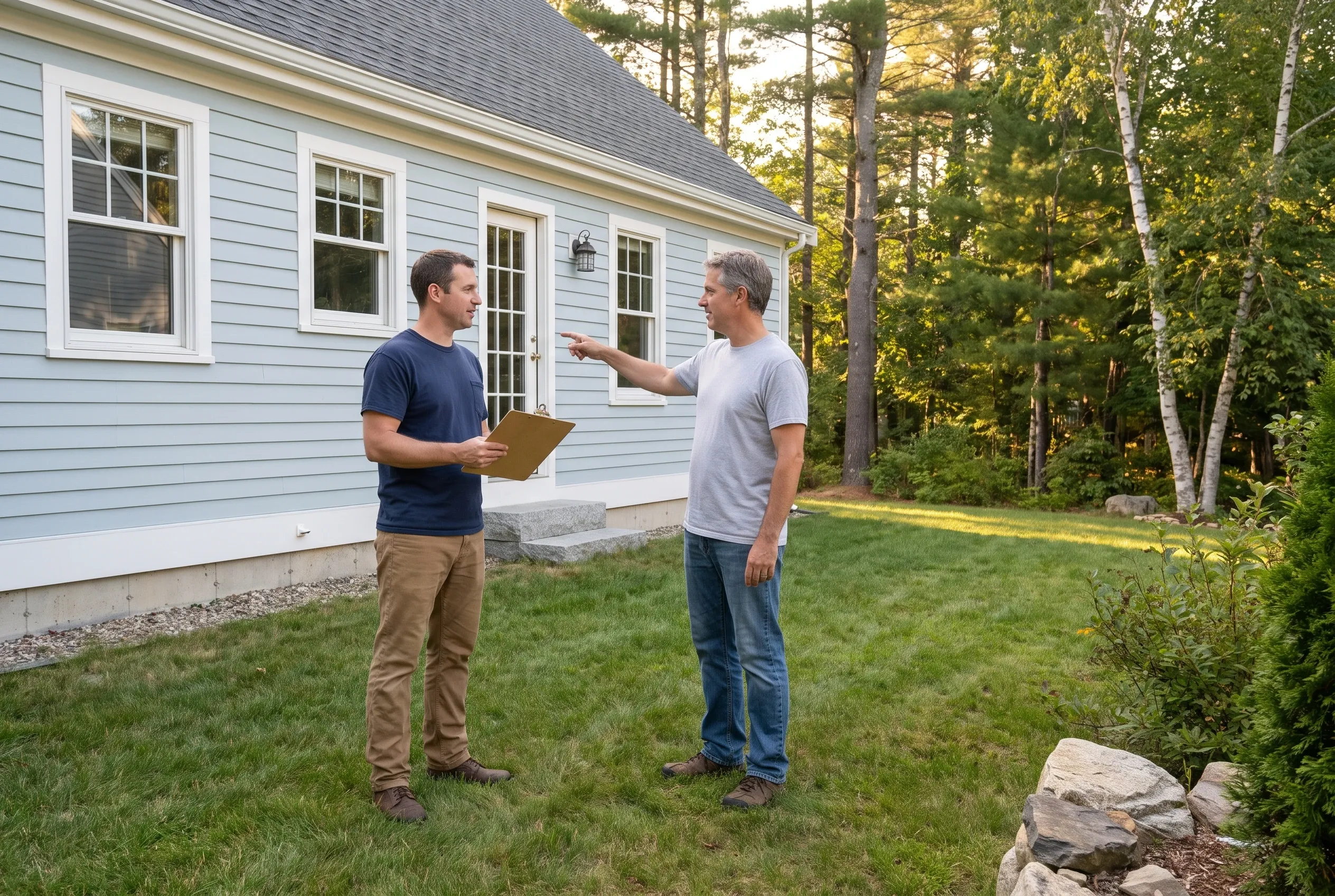 Two men talking in a backyard beside a light blue house, one holding a clipboard while the other points toward the house