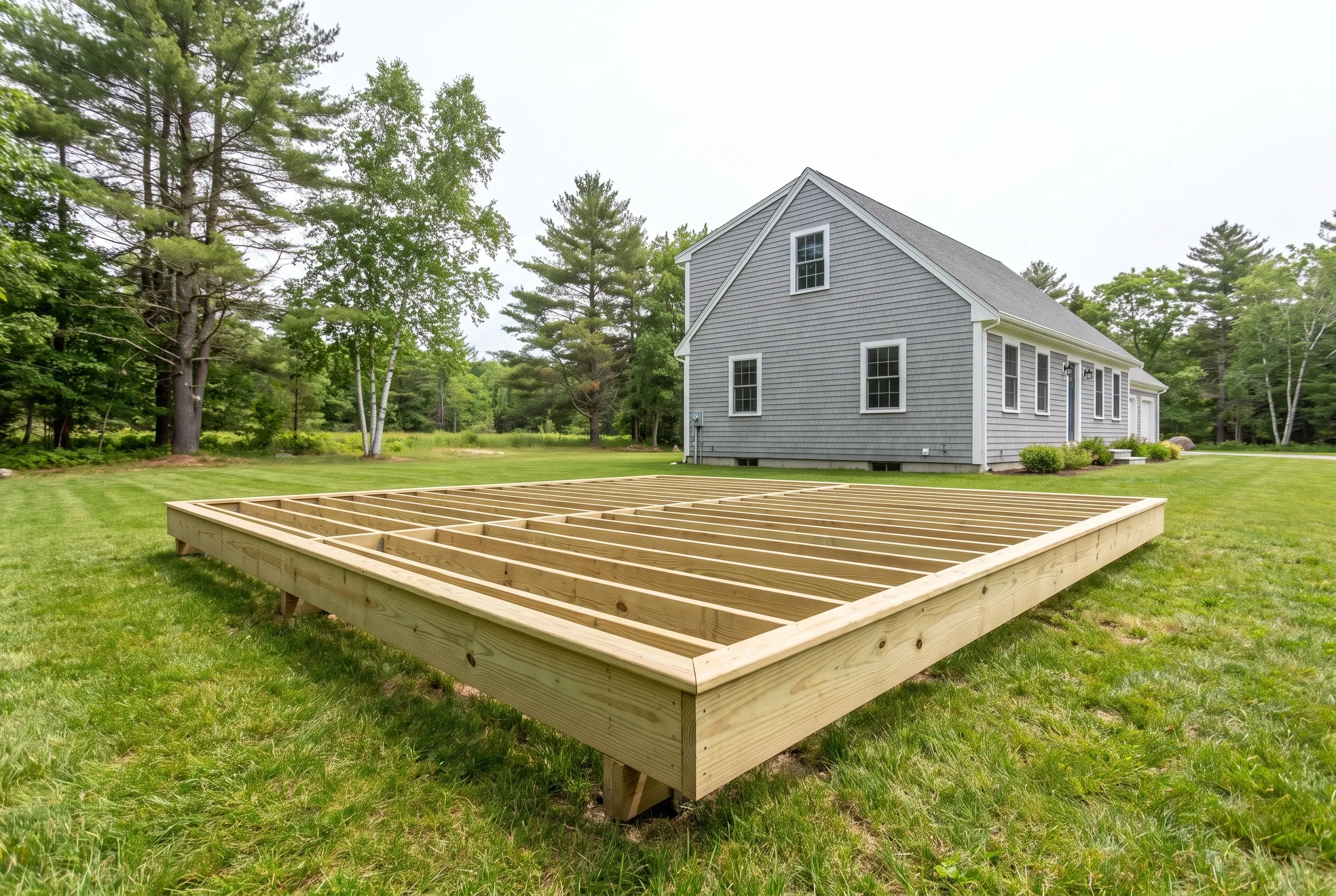 Undecked rectangular wood deck frame with exposed joists sitting on a lawn, with a gray house and trees behind