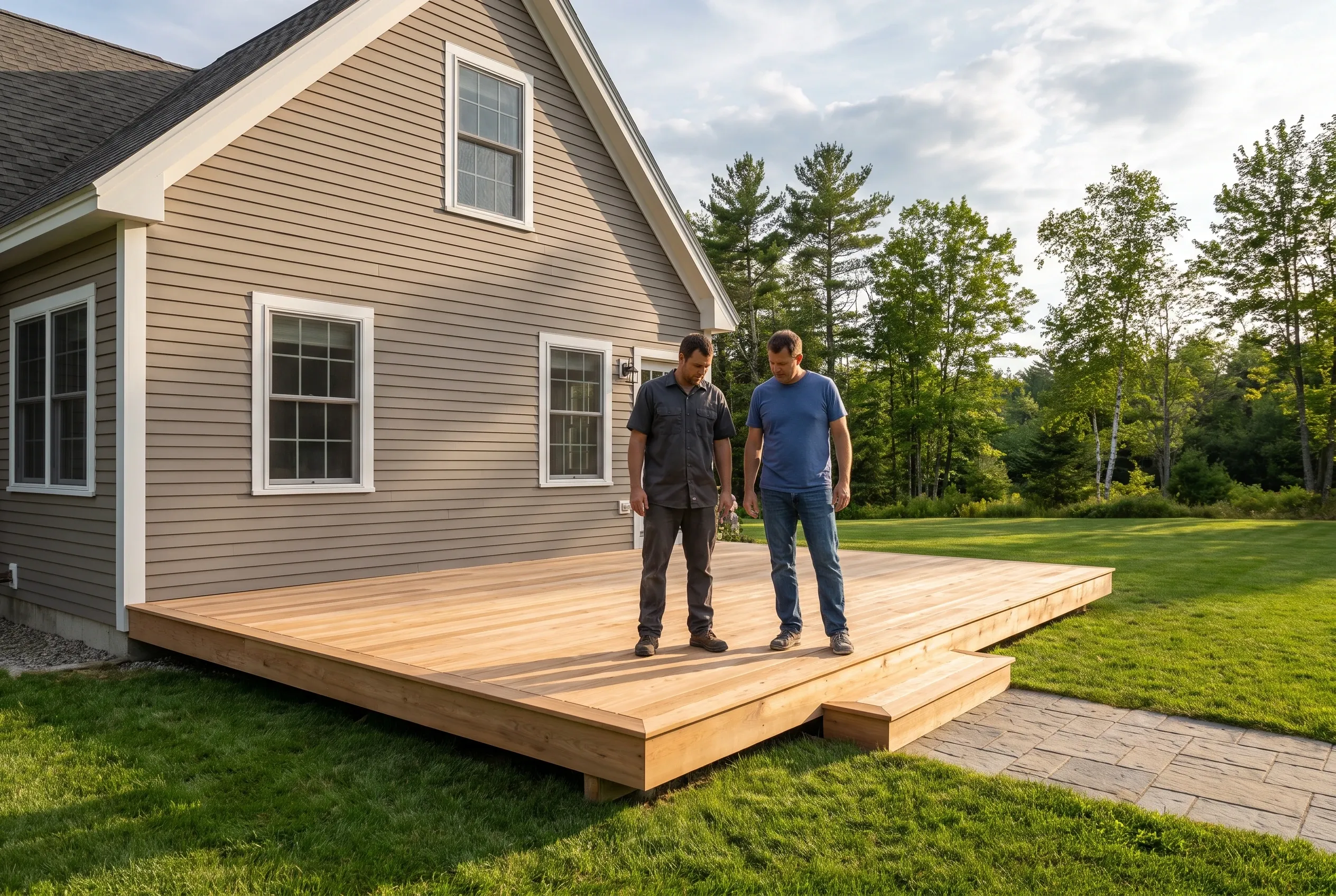 Two men standing on a finished low wood deck with a step beside a taupe house, next to a paver walkway