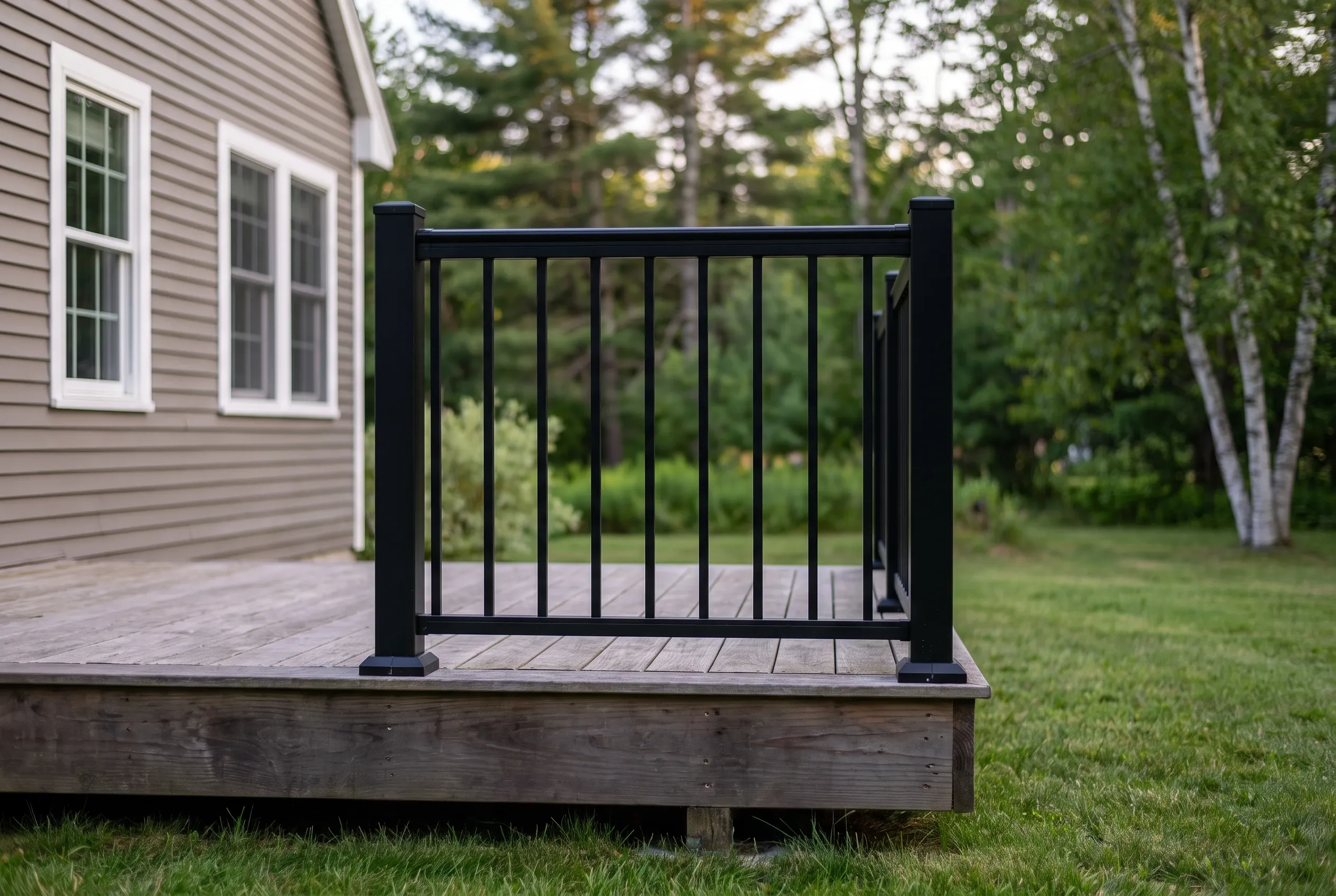 Black metal baluster railing with a corner return on a low weathered gray deck beside a gray-sided house