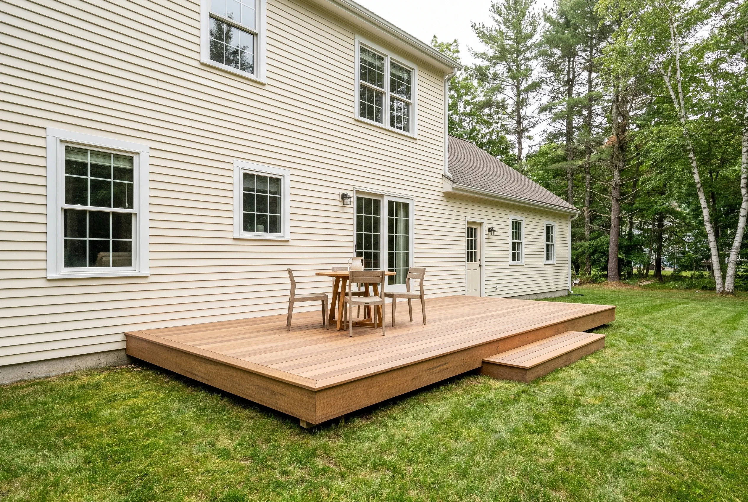 Low wood-toned ground-level deck with a single step, small table and chairs, behind a cream-sided two-story house on a lawn