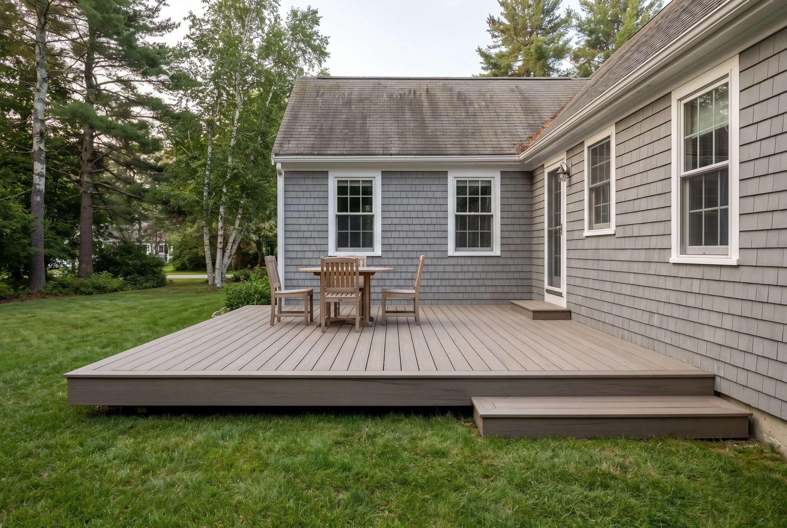 Deck builders in Westbrook, ME: low gray deck with table and chairs and a wide step beside a gray-shingled house