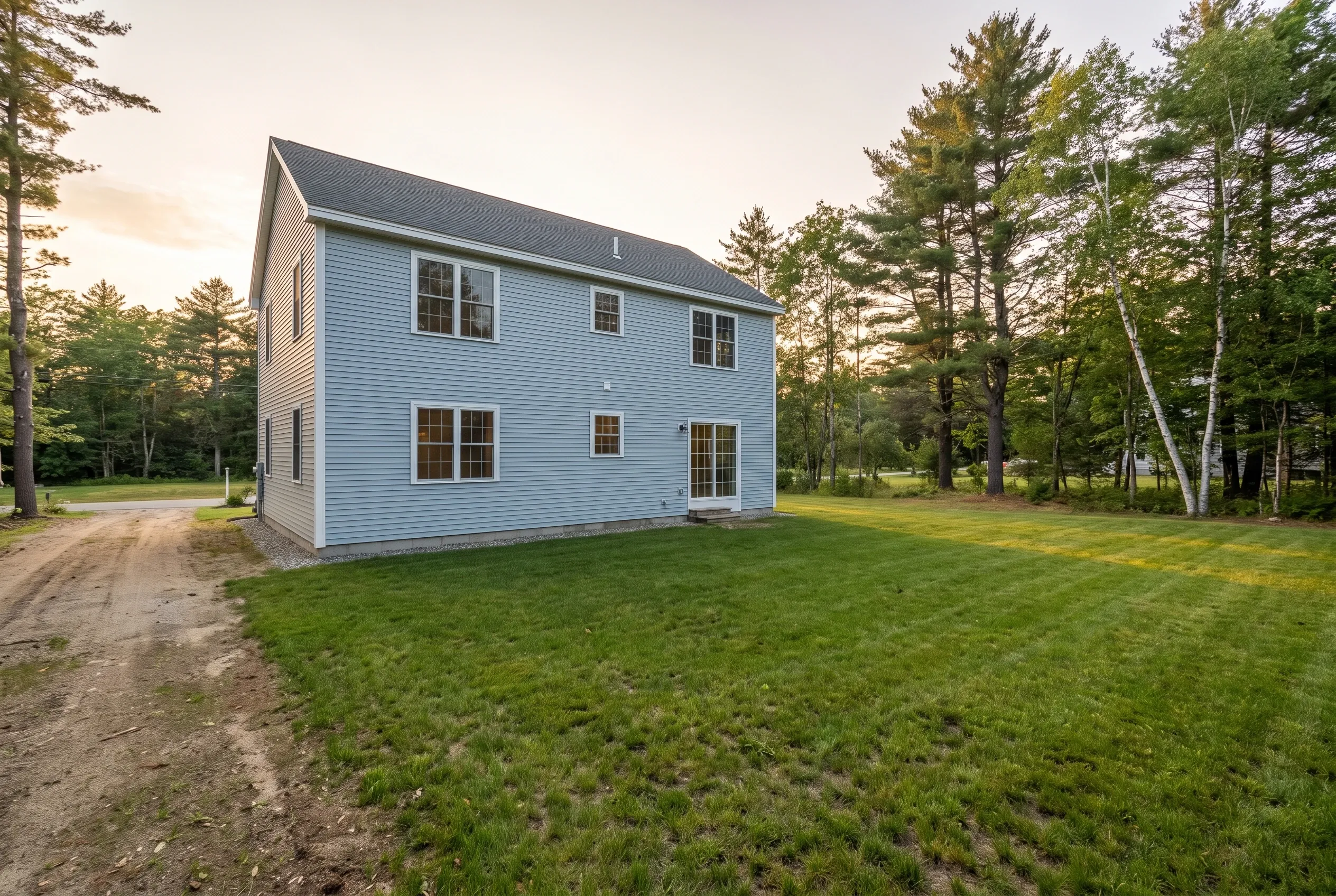 Open grassy backyard beside a blue two-story house with a dirt track at left, no deck present yet