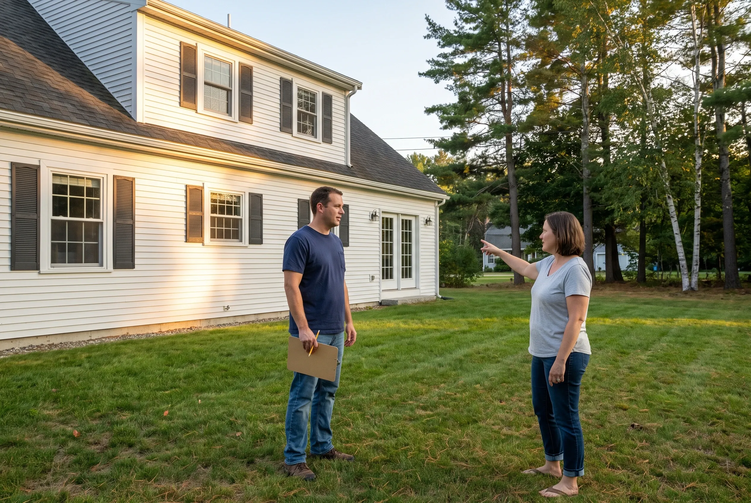 Man holding a clipboard listens as a woman points across a backyard lawn beside a white house with dark shutters