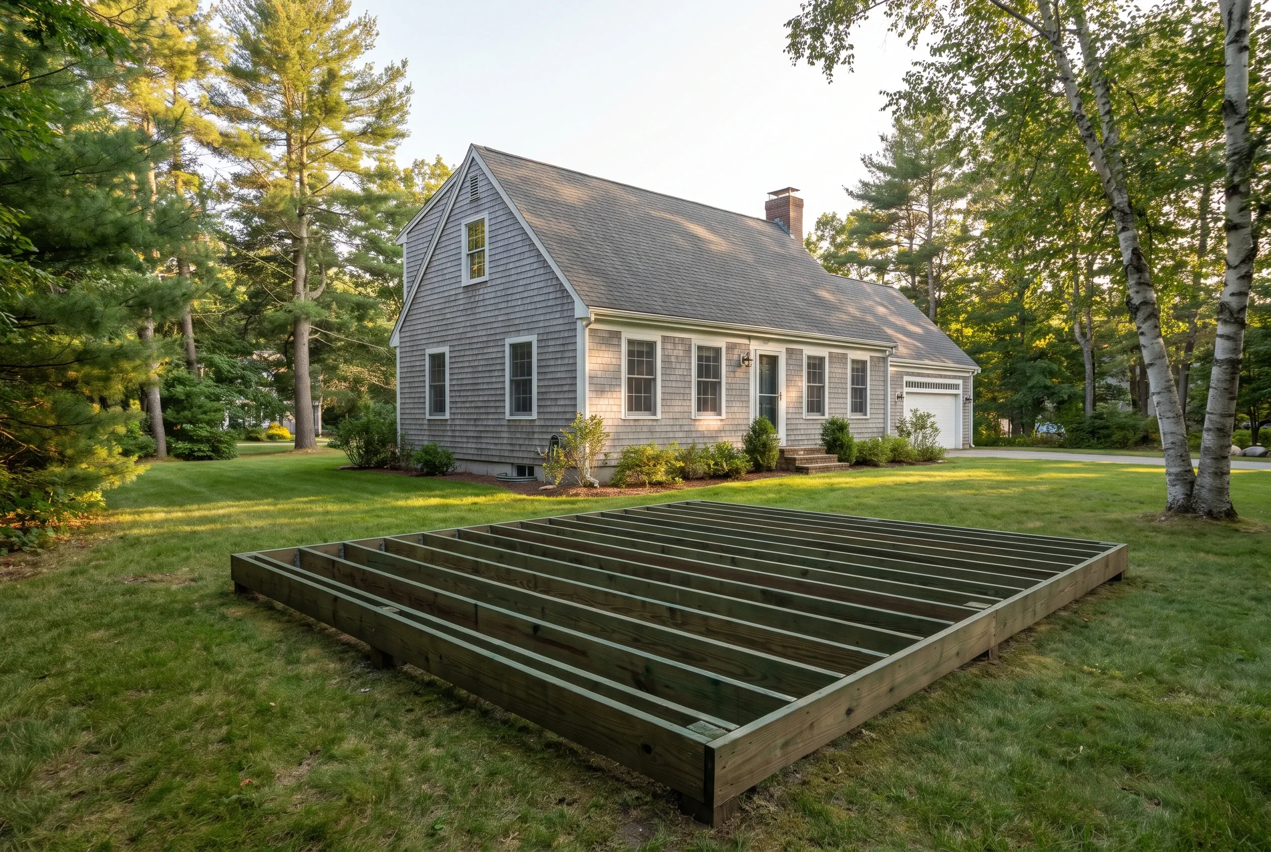 Ground-level deck frame of perimeter boards and parallel joists, without decking, on a lawn behind a gray Cape-style house