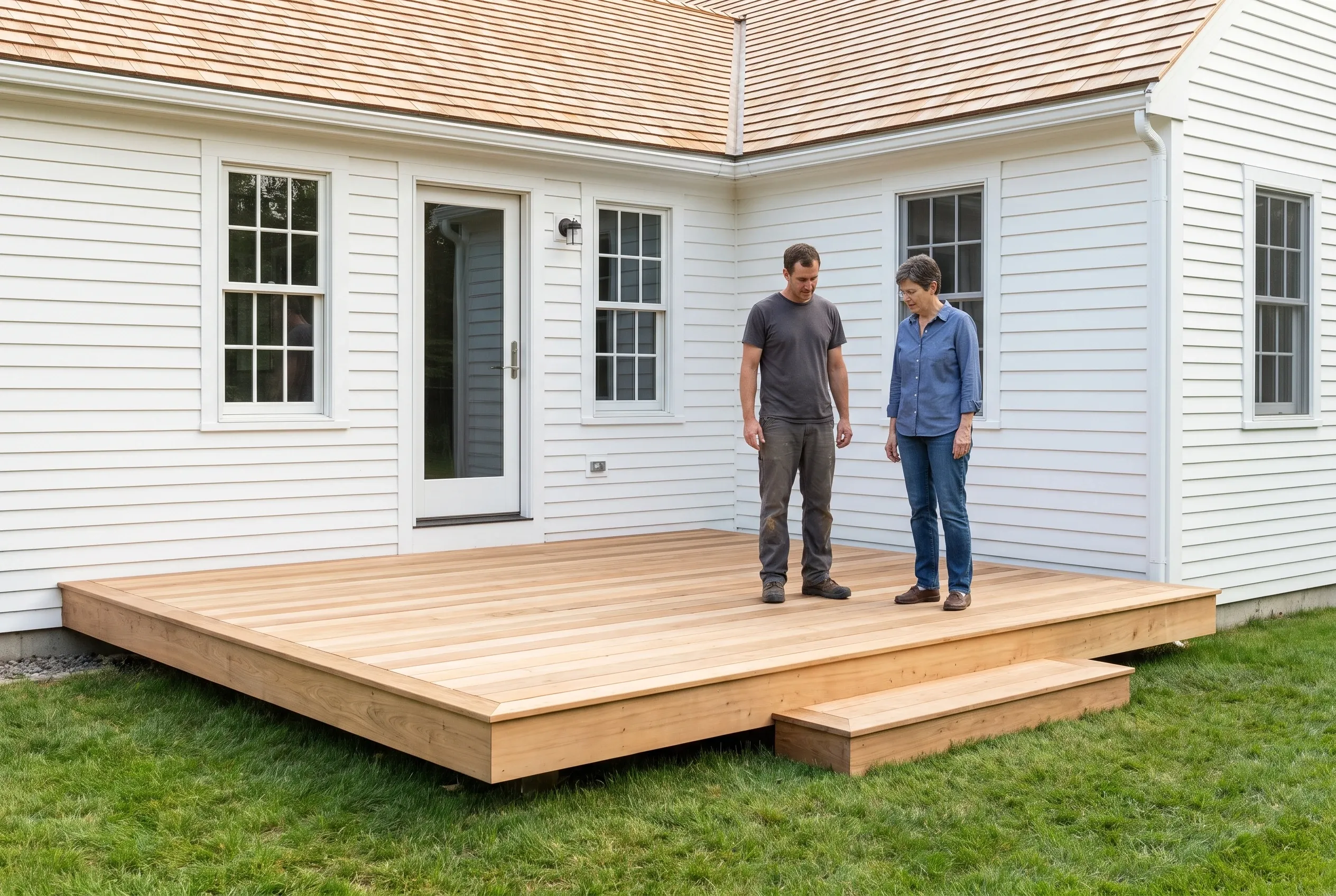 Two people standing on a finished low wood deck with a step outside a white clapboard house doorway