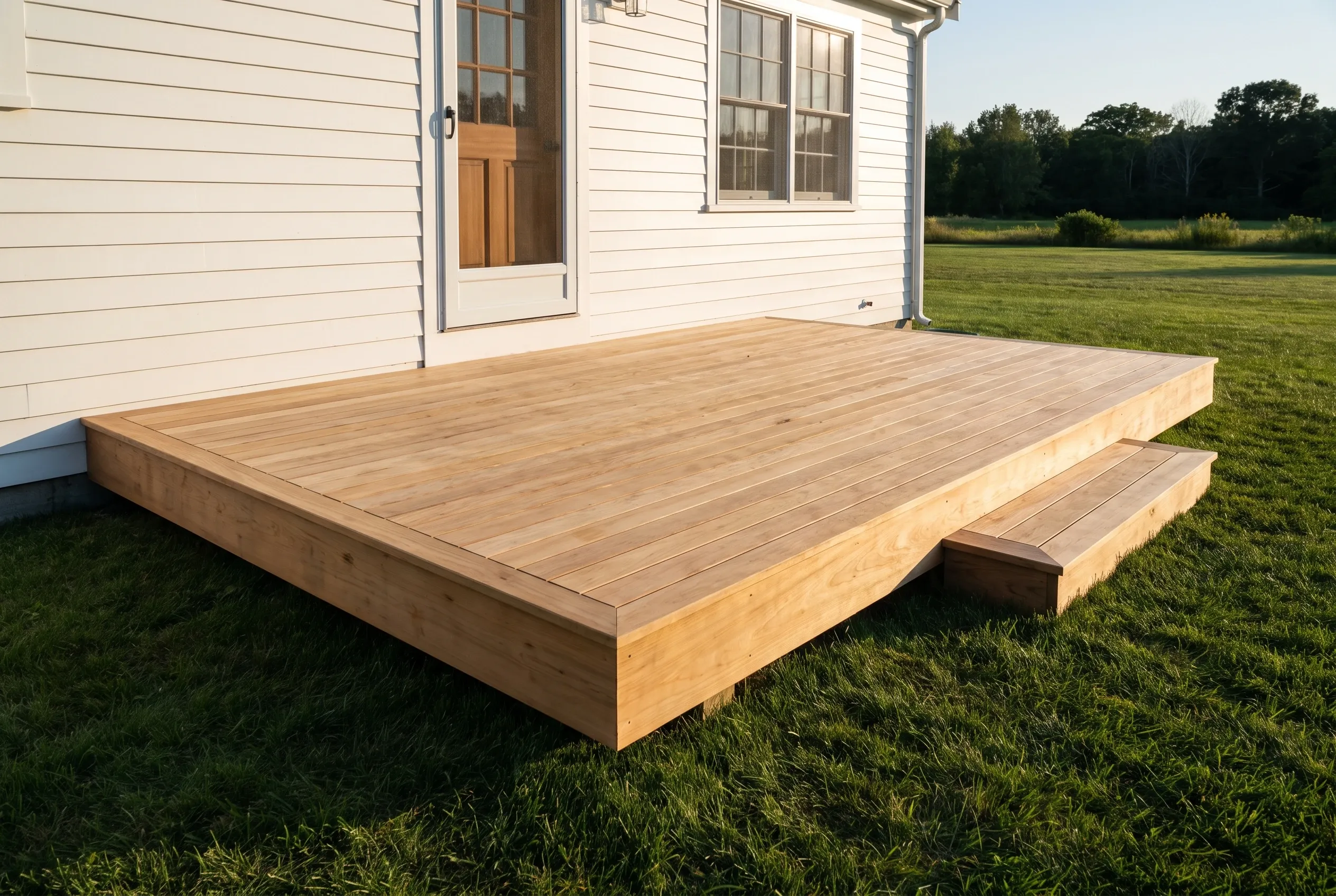 Deck builders in Windham, ME: low wood-toned platform deck with one box step beside a white clapboard house and lawn