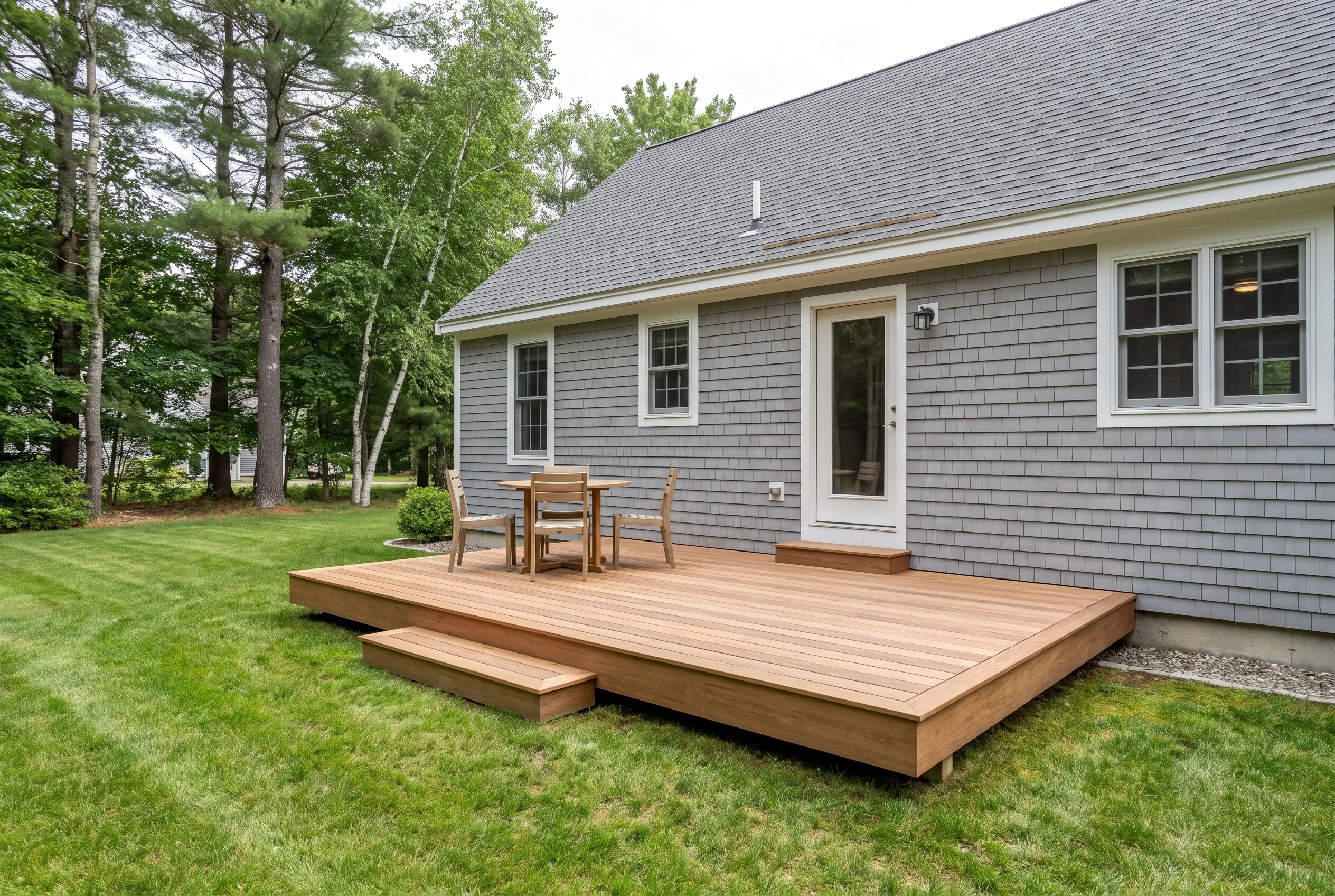 Low wood-toned deck with table and chairs and a front step at the back of a gray-shingled house