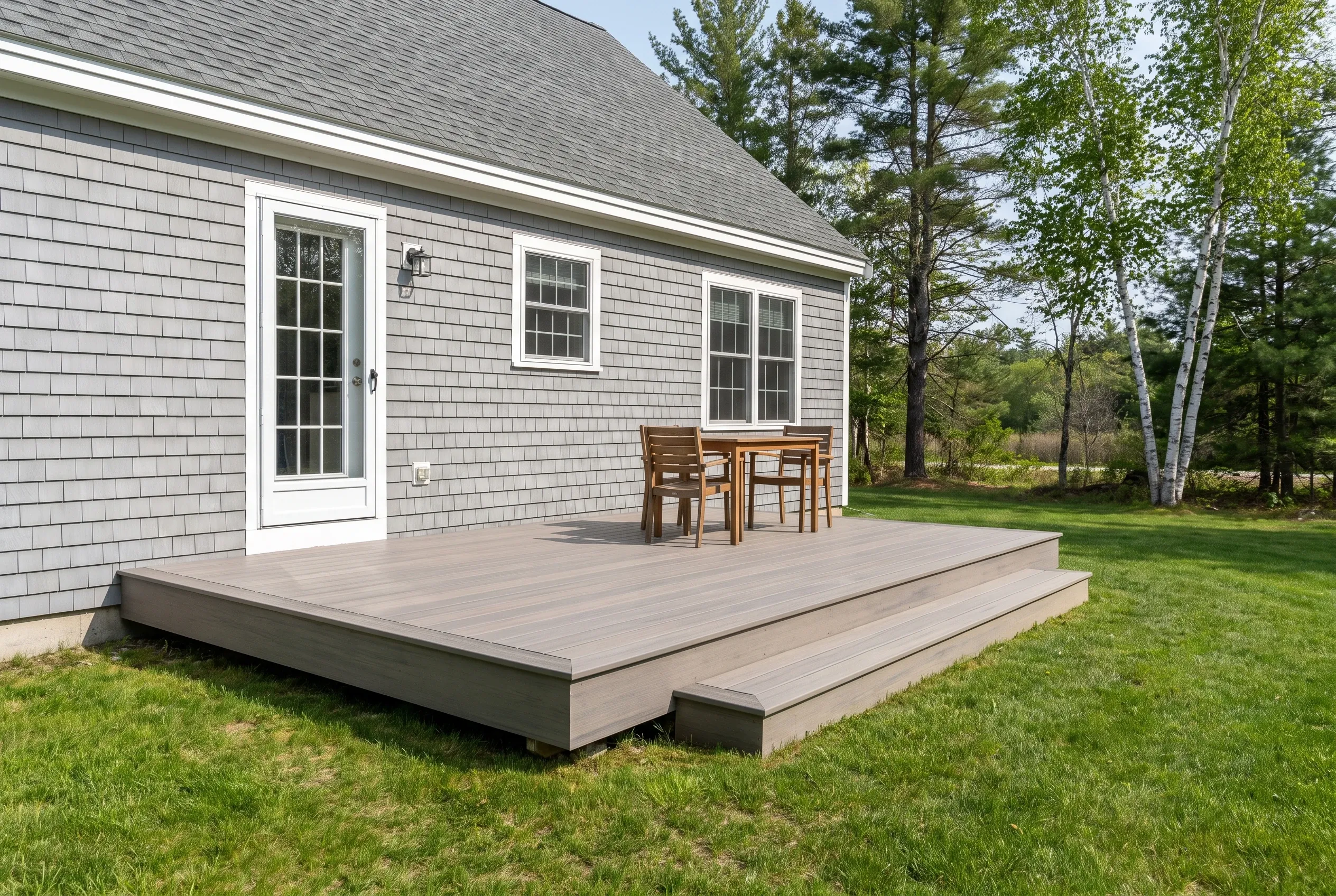 Deck builders in Windham, ME: low gray deck with a wide step, wooden table and chairs behind a gray-shingled house