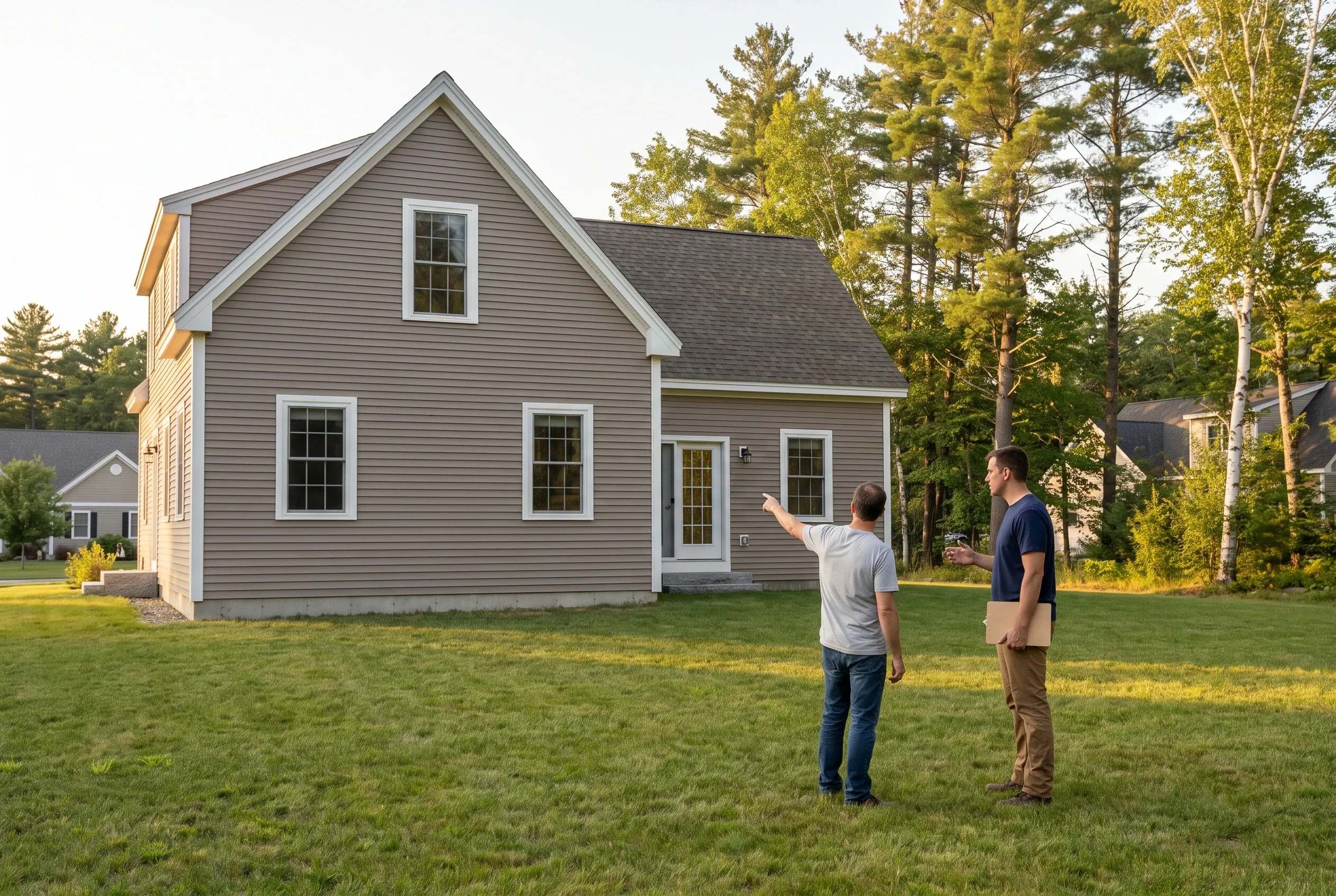 Two men standing on a lawn behind a gray-sided house, one pointing toward the house while the other holds a clipboard