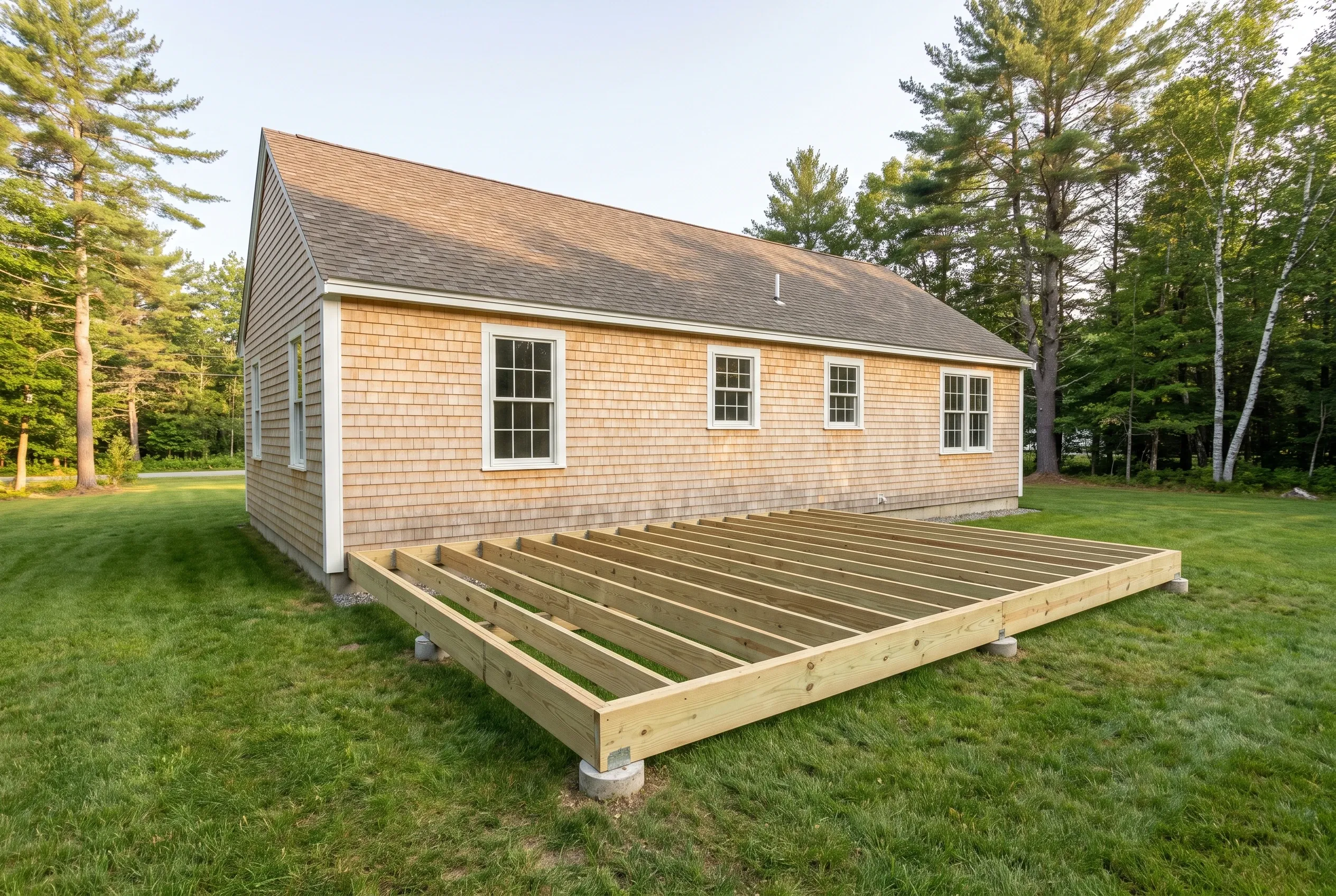 Undecked wood deck framing with parallel joists resting on blocks beside a shingled house, set on a grassy lawn