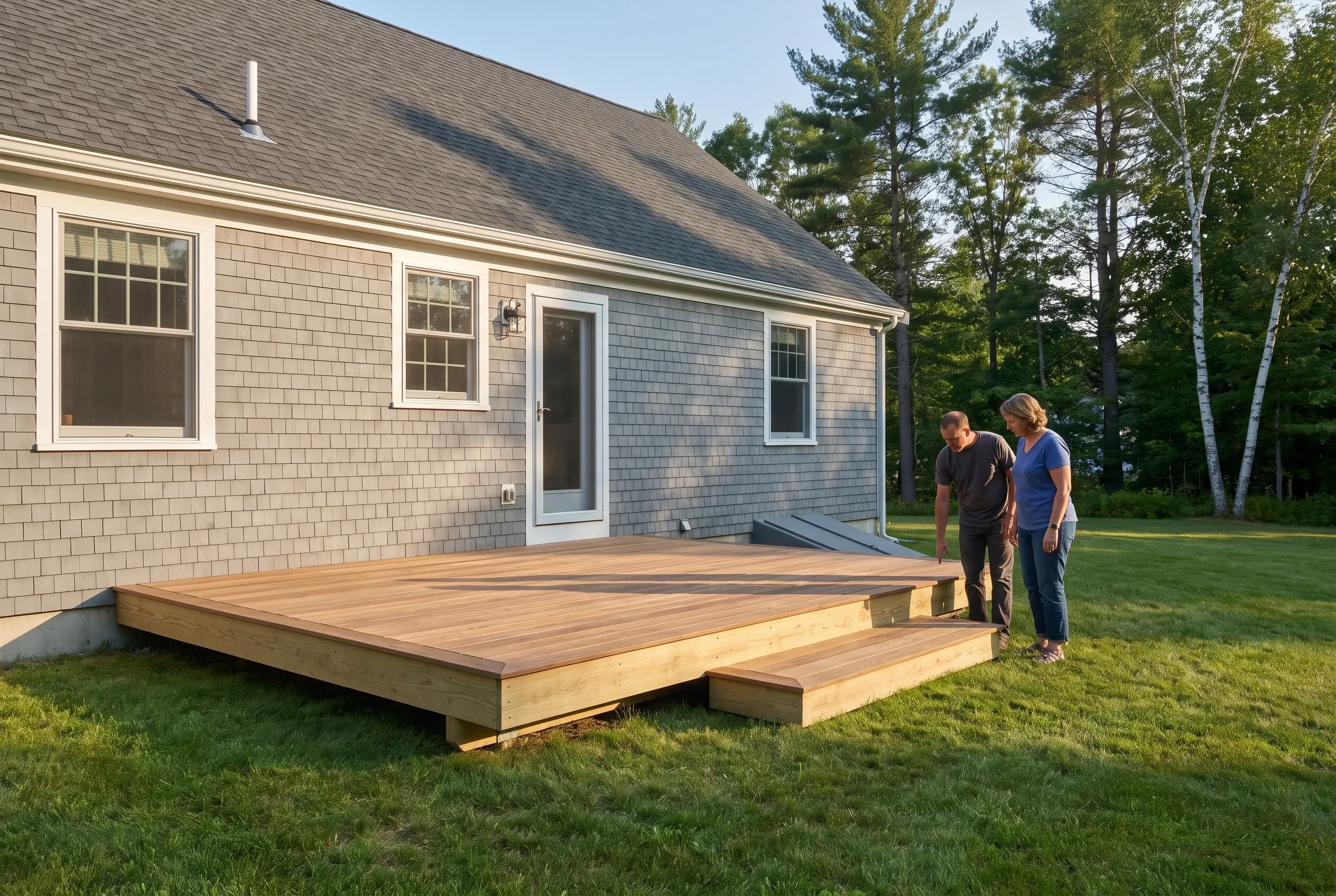 Two people standing beside a finished low wood deck with steps behind a gray shingled house, looking at the deck surface