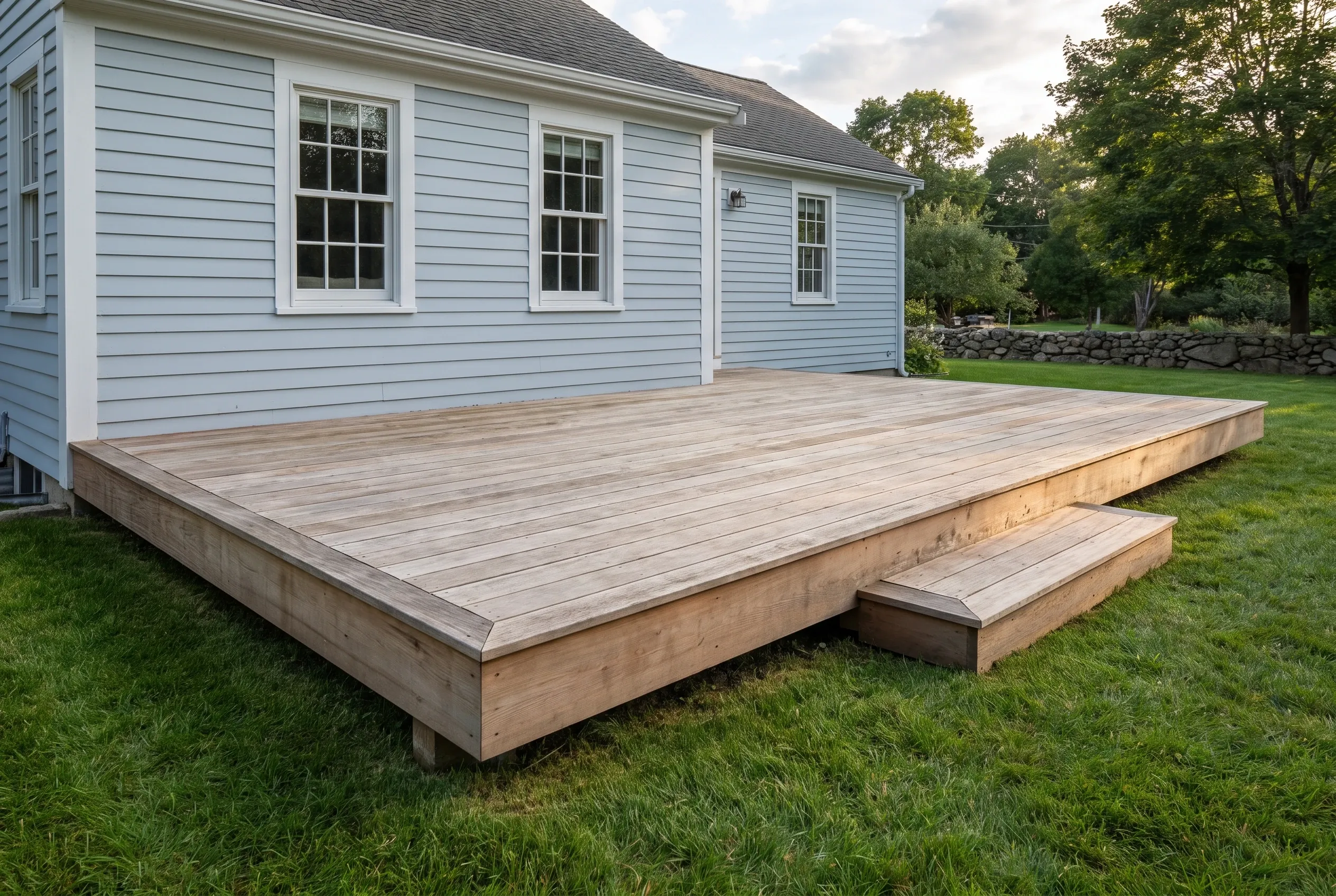 Deck builders in Yarmouth, ME: low gray-toned platform deck with a single box step along a light blue clapboard house, stone wall behind