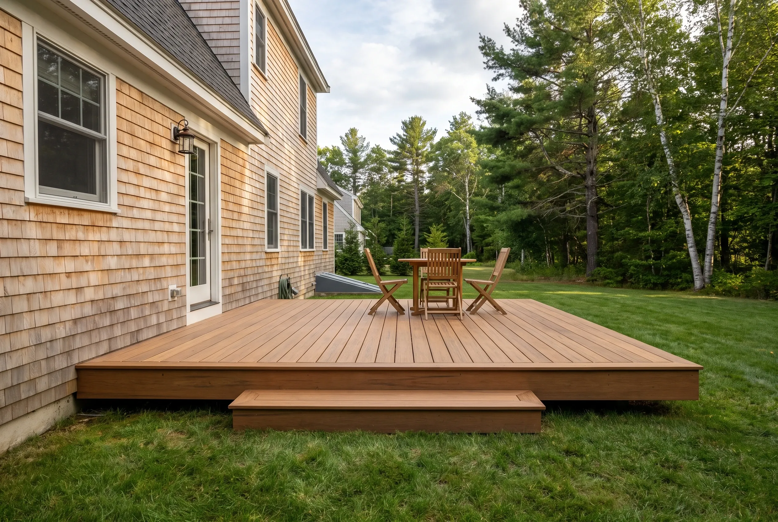Low brown deck with a wide step, table, and four chairs attached to a cedar-shingled house beside a lawn