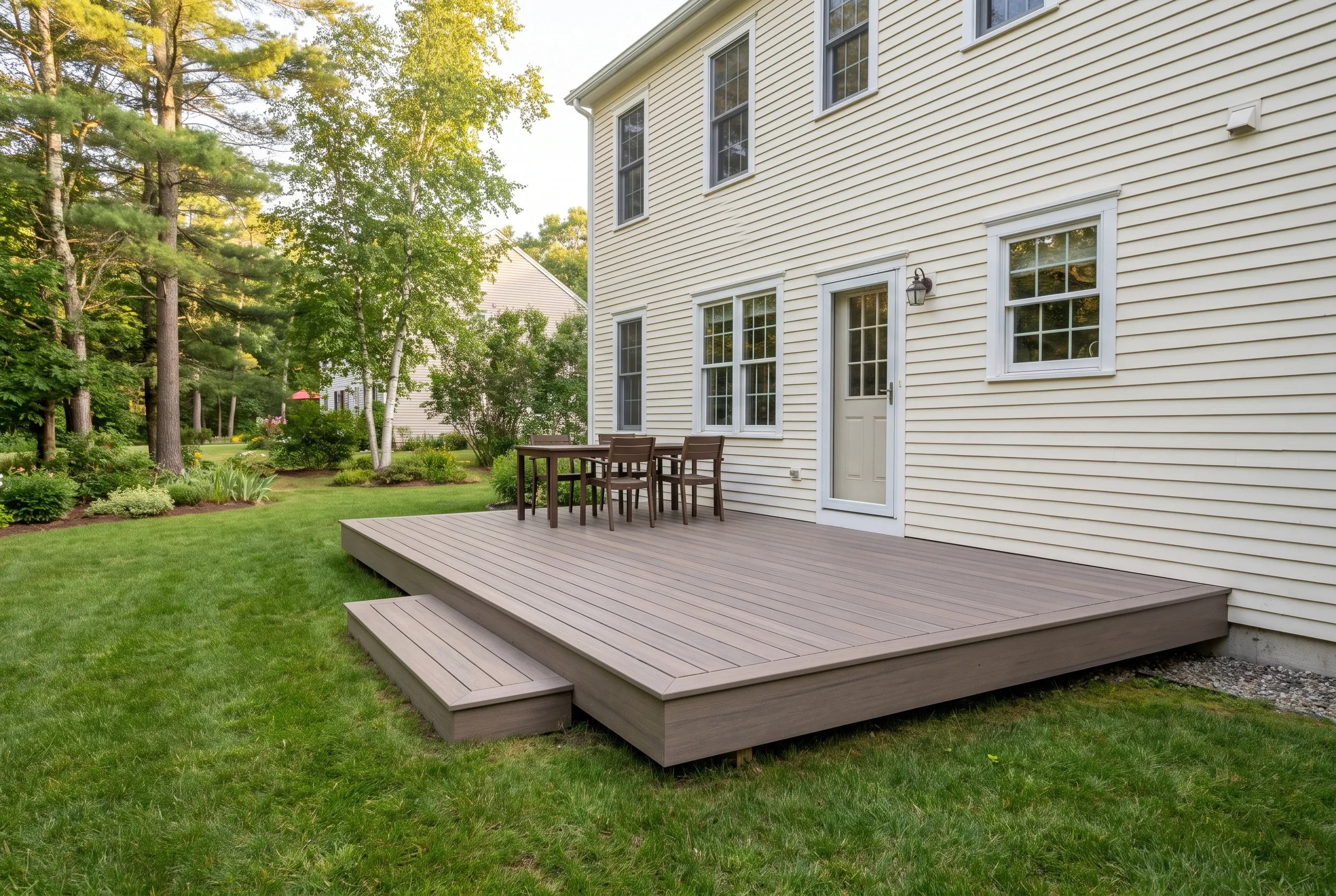 Deck builders in Yarmouth, ME: low brown deck with corner step, table and chairs, attached to a cream clapboard two-story house