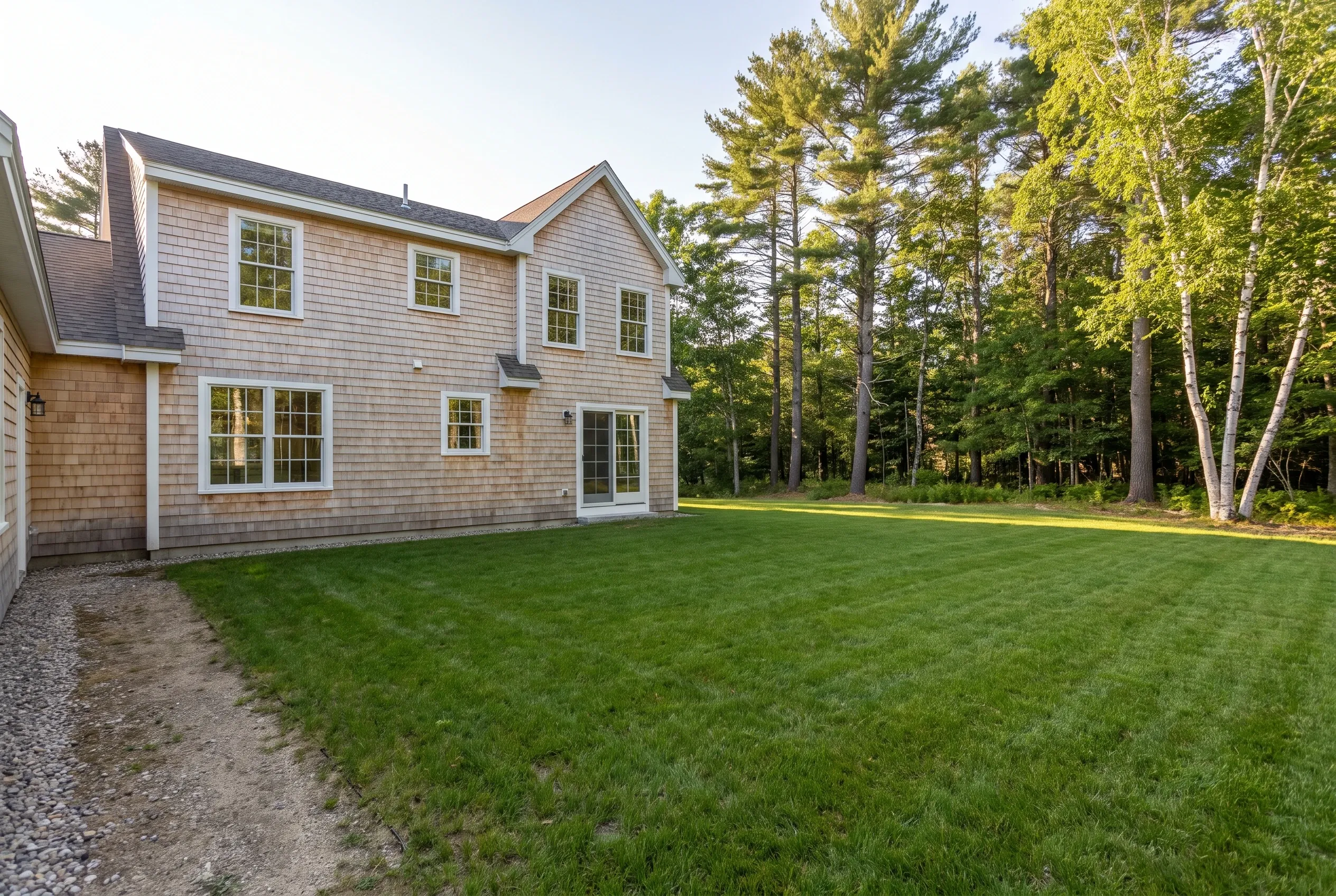 Rear of a cedar-shingled two-story house with an open lawn, gravel path along one side, and tall pine and birch trees