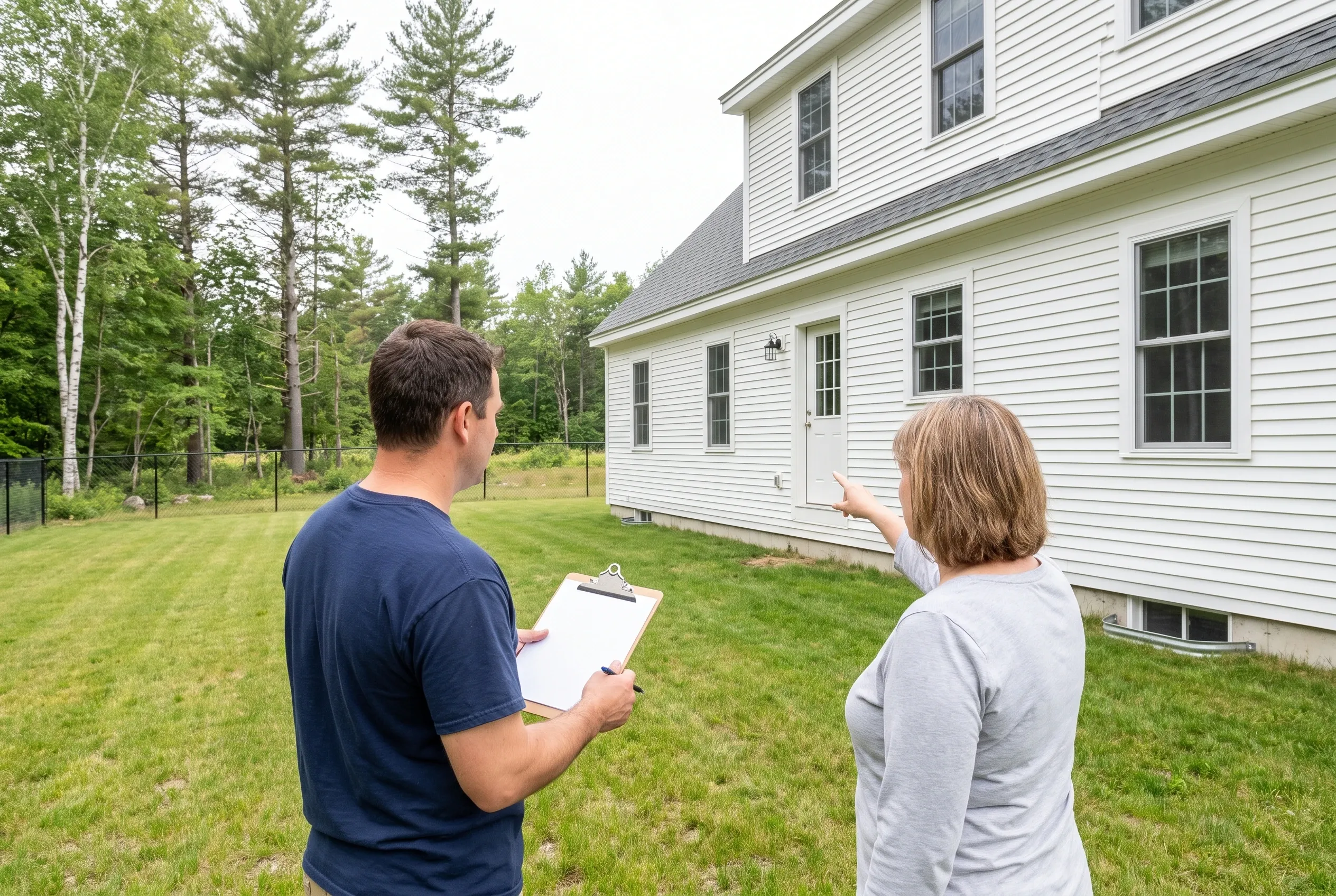 Two people stand on a lawn beside a white clapboard house, one holding a clipboard while the other points toward the wall.