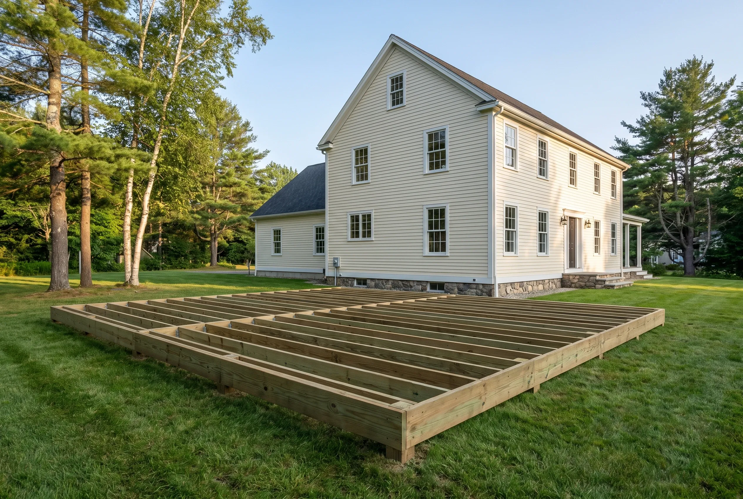 Rectangular wood deck framing with rim boards and evenly spaced joists sits undecked on a lawn in front of a white two-story house.