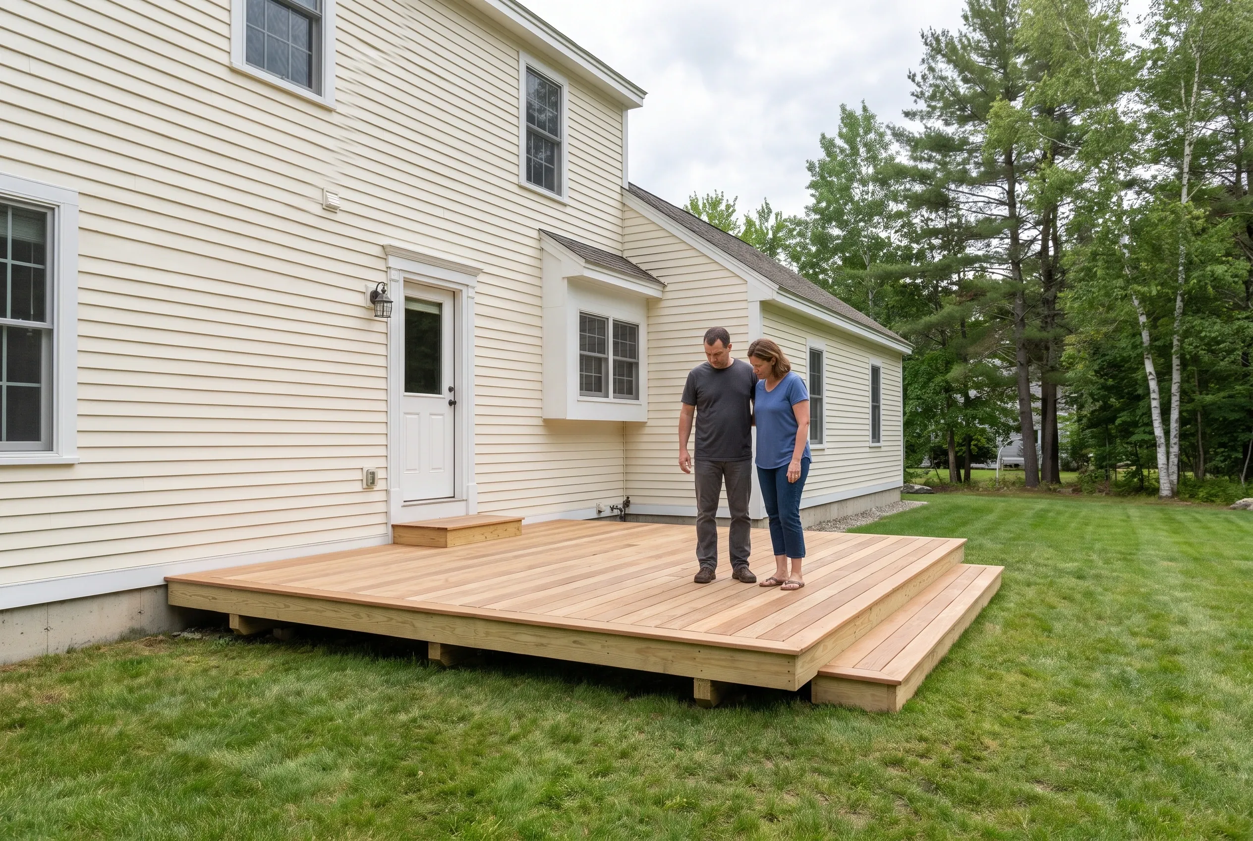 Two people stand on a finished low wood deck with perimeter steps, attached beside a door of a cream-sided house.