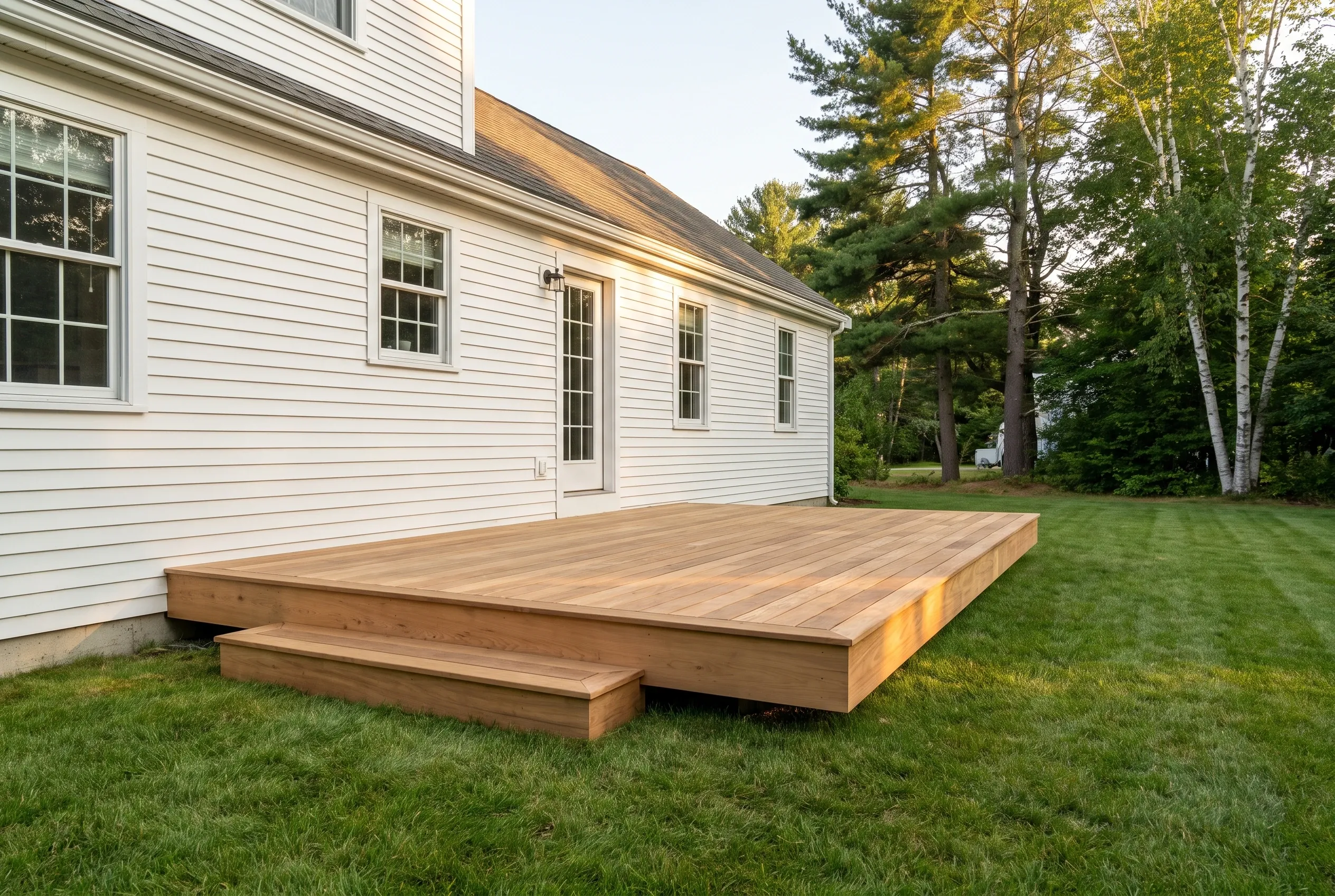 Low warm-toned deck with a wide step at the back of a white house, lawn in front and trees behind