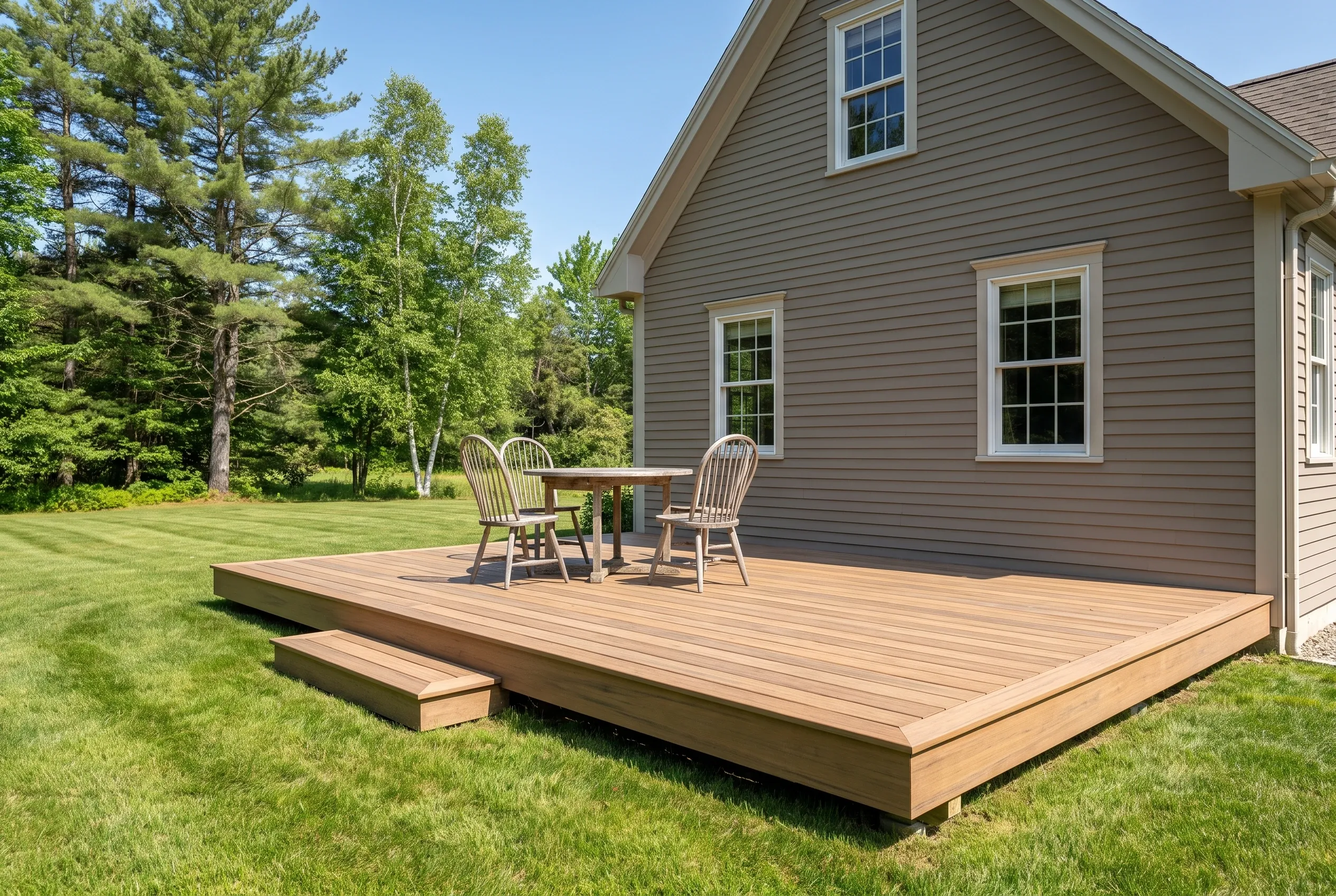 Low brown deck holding a small table and two chairs beside a taupe house, with a step down to the lawn
