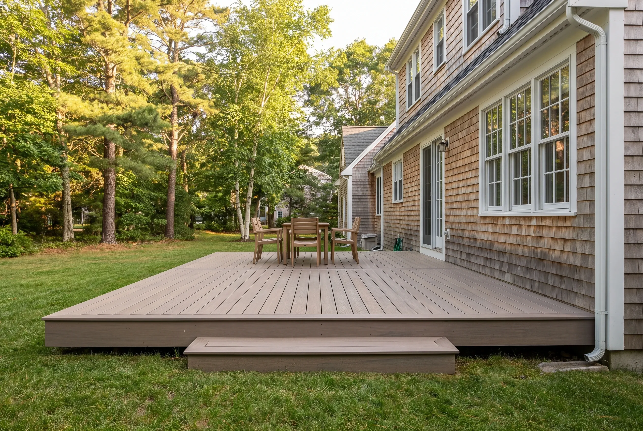 Deck builders in York, ME: low brown deck with table and chairs, a wide step, and a cedar-shingled house among trees