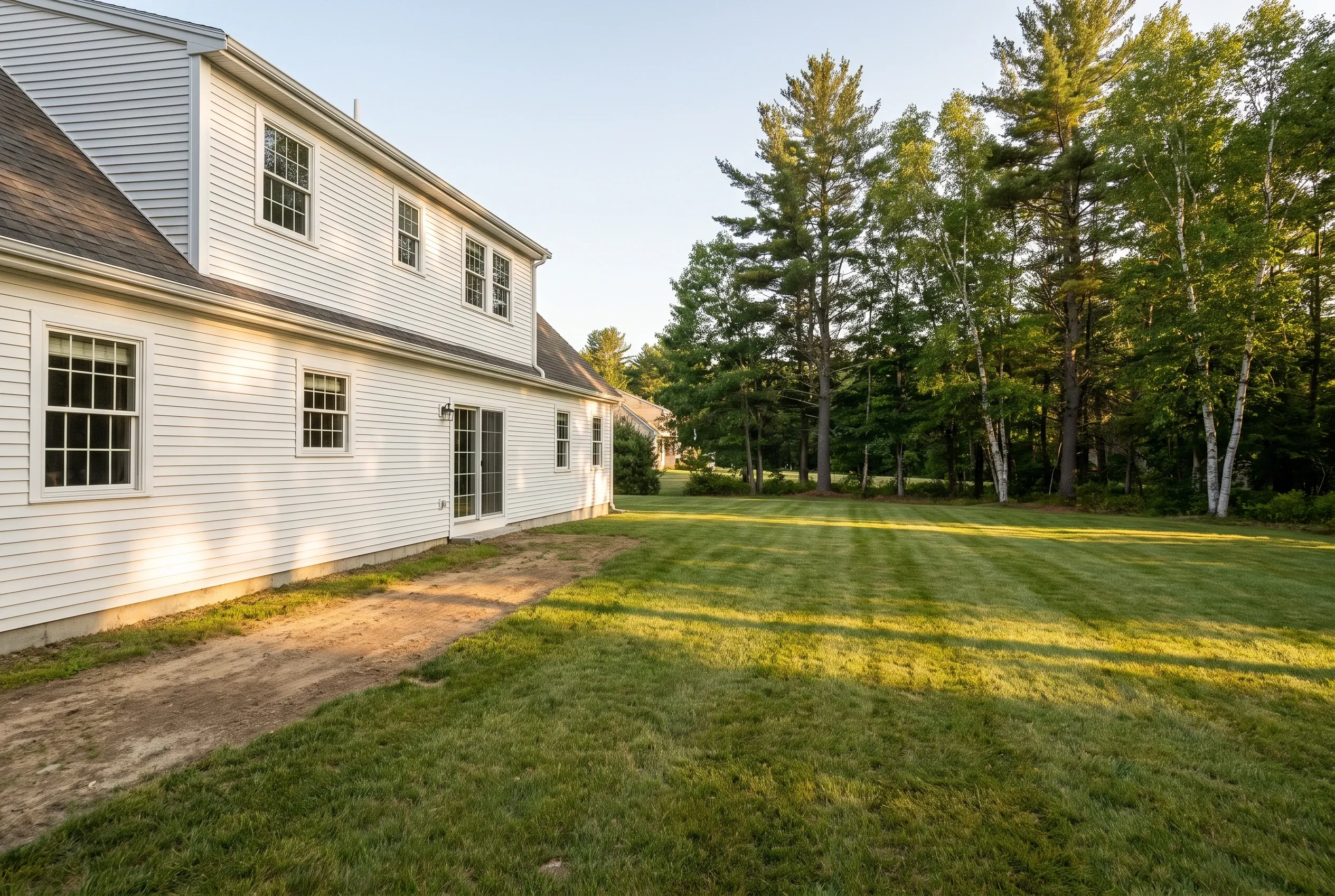 Back of a white two-story house with a mowed lawn and a dirt strip along the wall, with no deck present