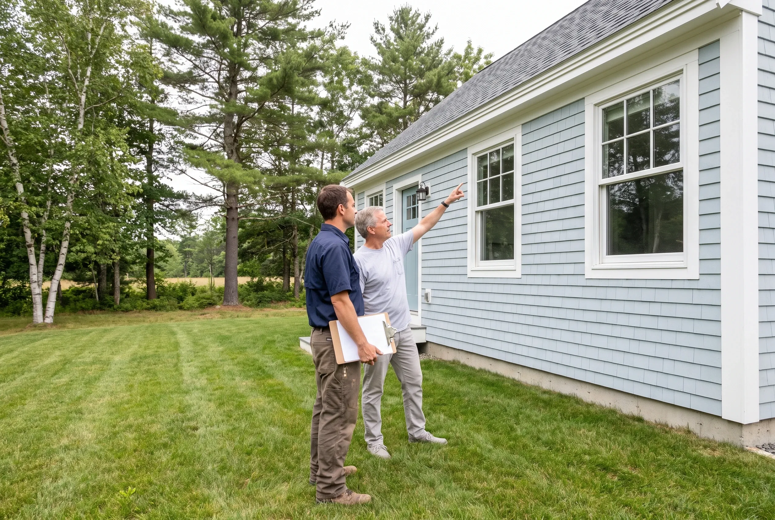 Two men stand on a lawn beside a light blue sided house, one pointing at the wall while the other holds a clipboard.