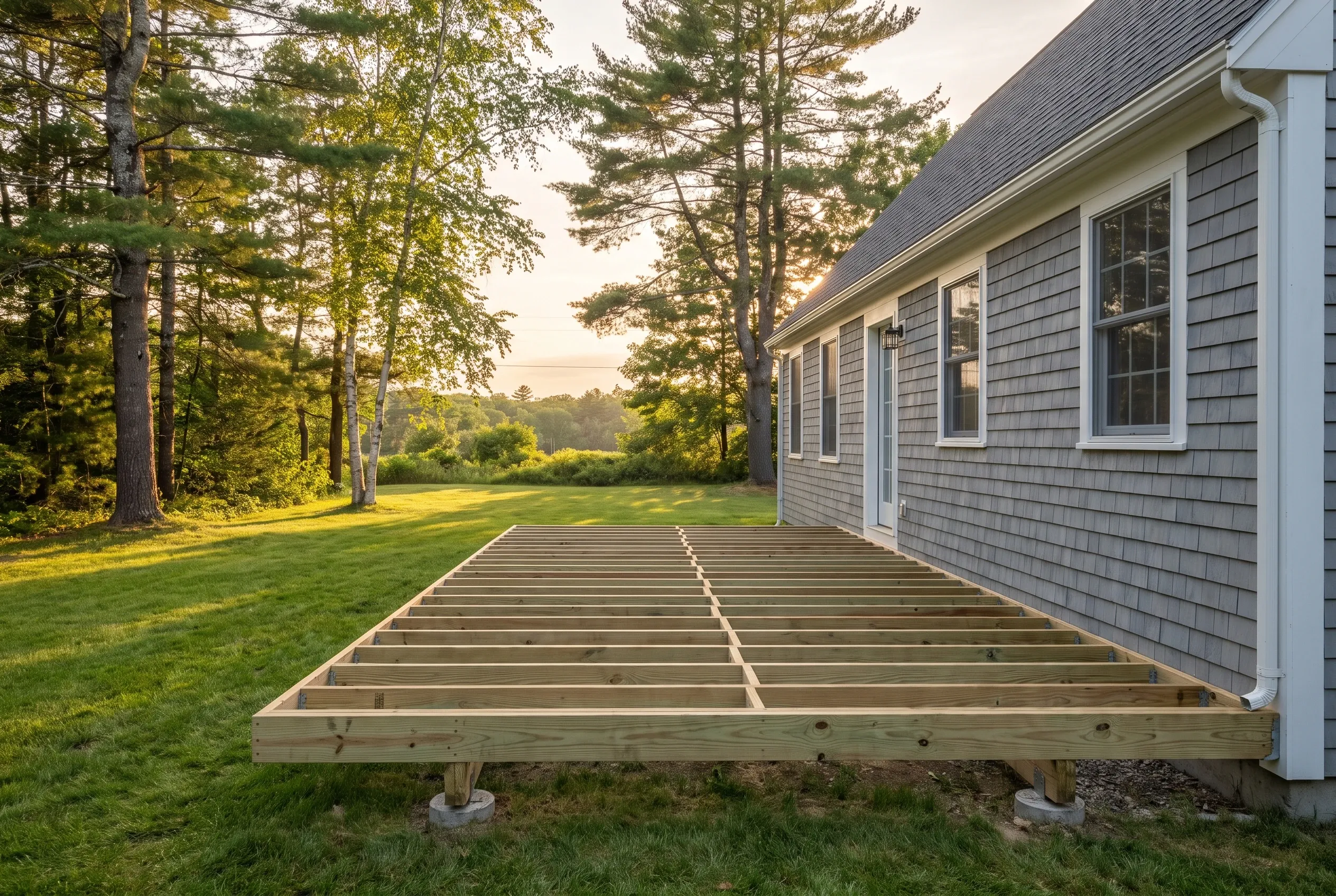 Undecked wood deck framing with joists and blocking sits on concrete blocks on a lawn beside a gray shingled house.