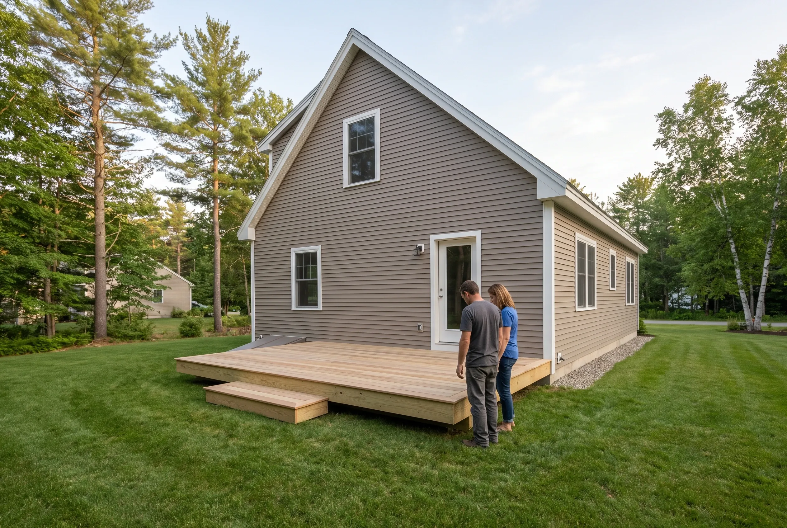 Two people stand on a lawn looking at a low wood platform deck with a single step beside a taupe sided house.