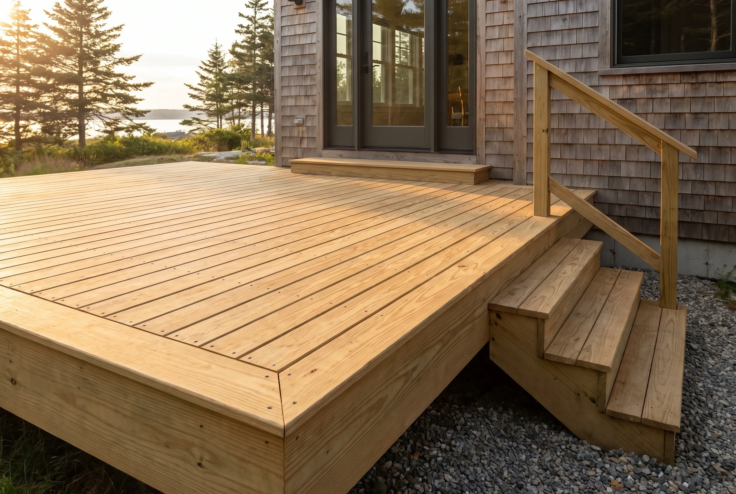 Close view of wood decking, an outlined board border and a short stairway beside a cedar-shingle house.