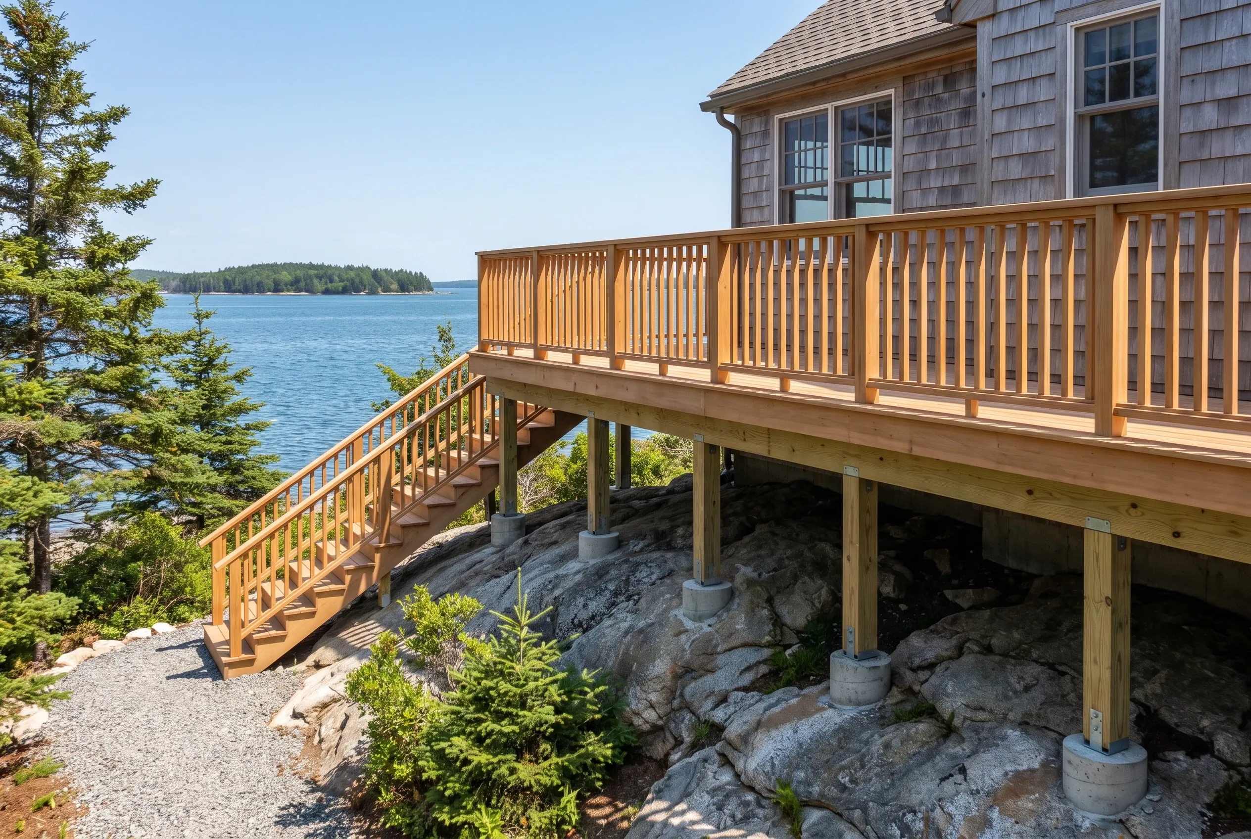 Raised wood deck and long stairway on a rocky waterfront site, with timber posts set on concrete footings.