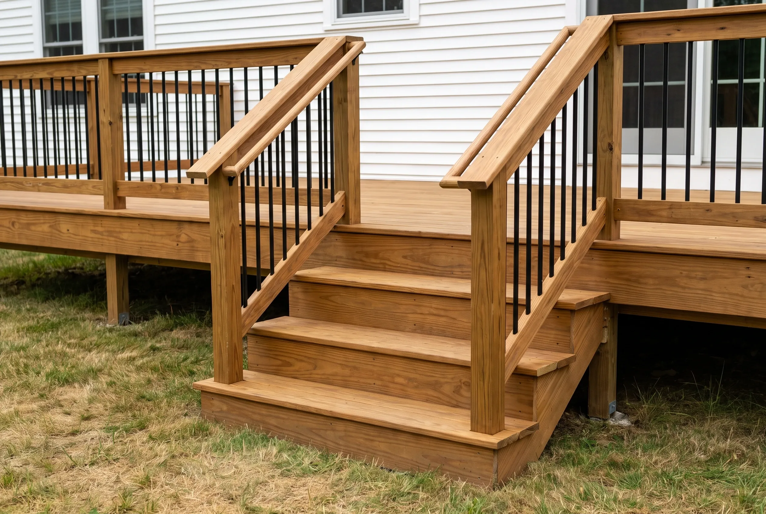 Finished wood deck stairs with even treads, timber handrails and black vertical metal balusters.